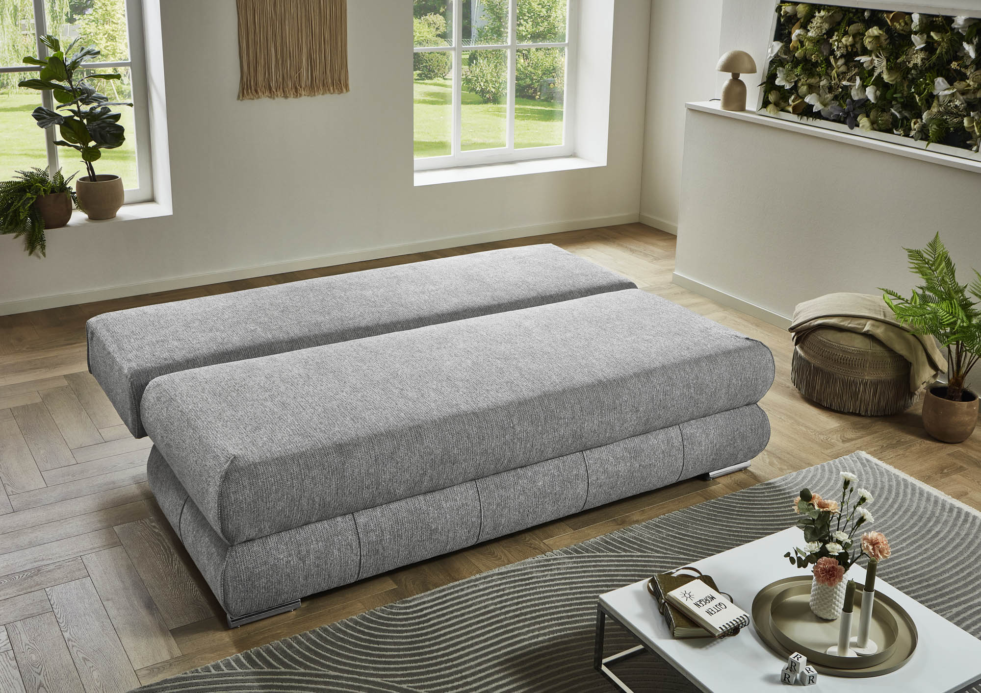 Schlafsofa silber mit Bettkasten und Schlaffunktion - inkl. 2 Rückenkissen und 2 Armlehnkissen - Bochum