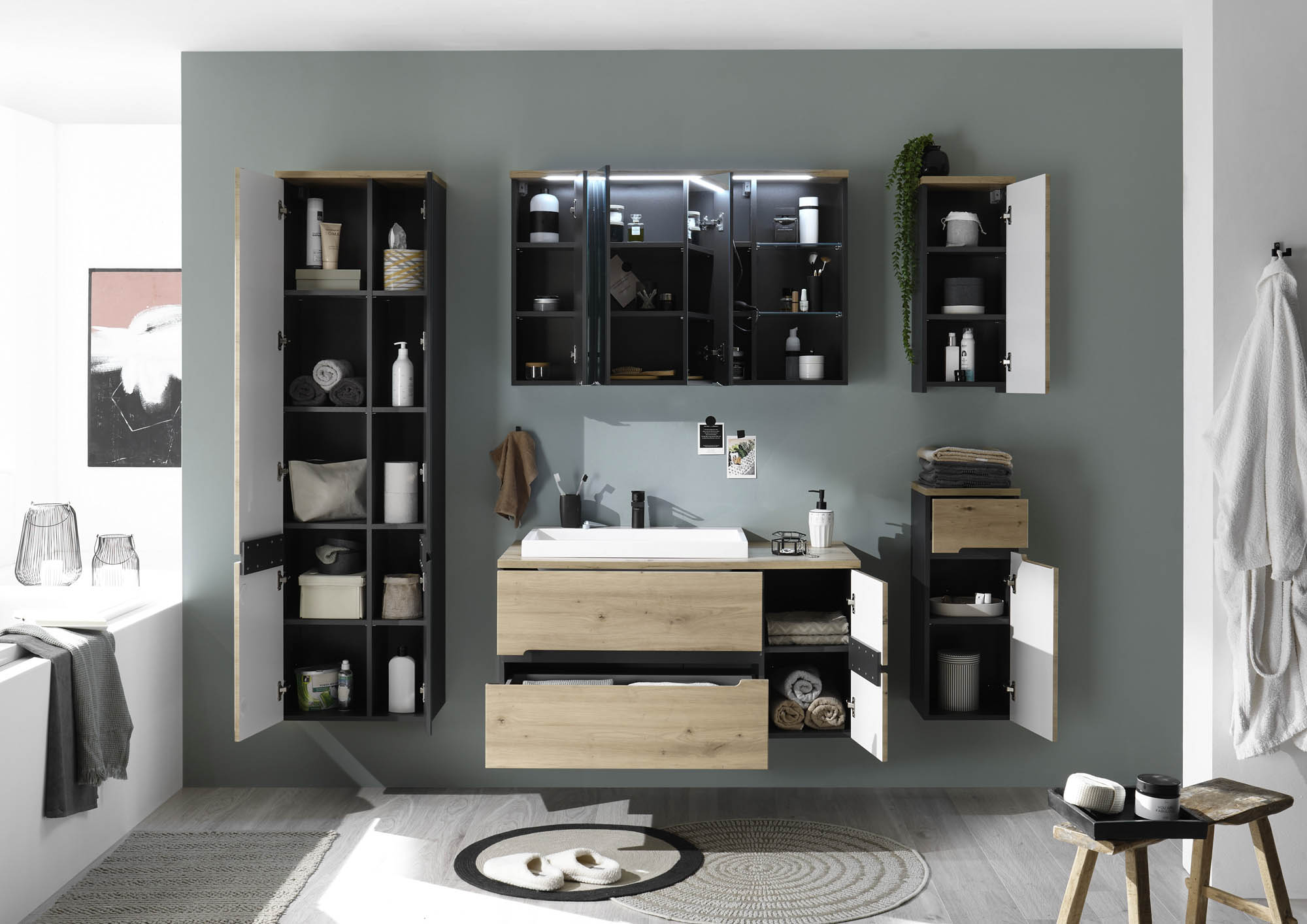 Hängeschrank mit Spiegel ROM - Artisan Eiche & Grau