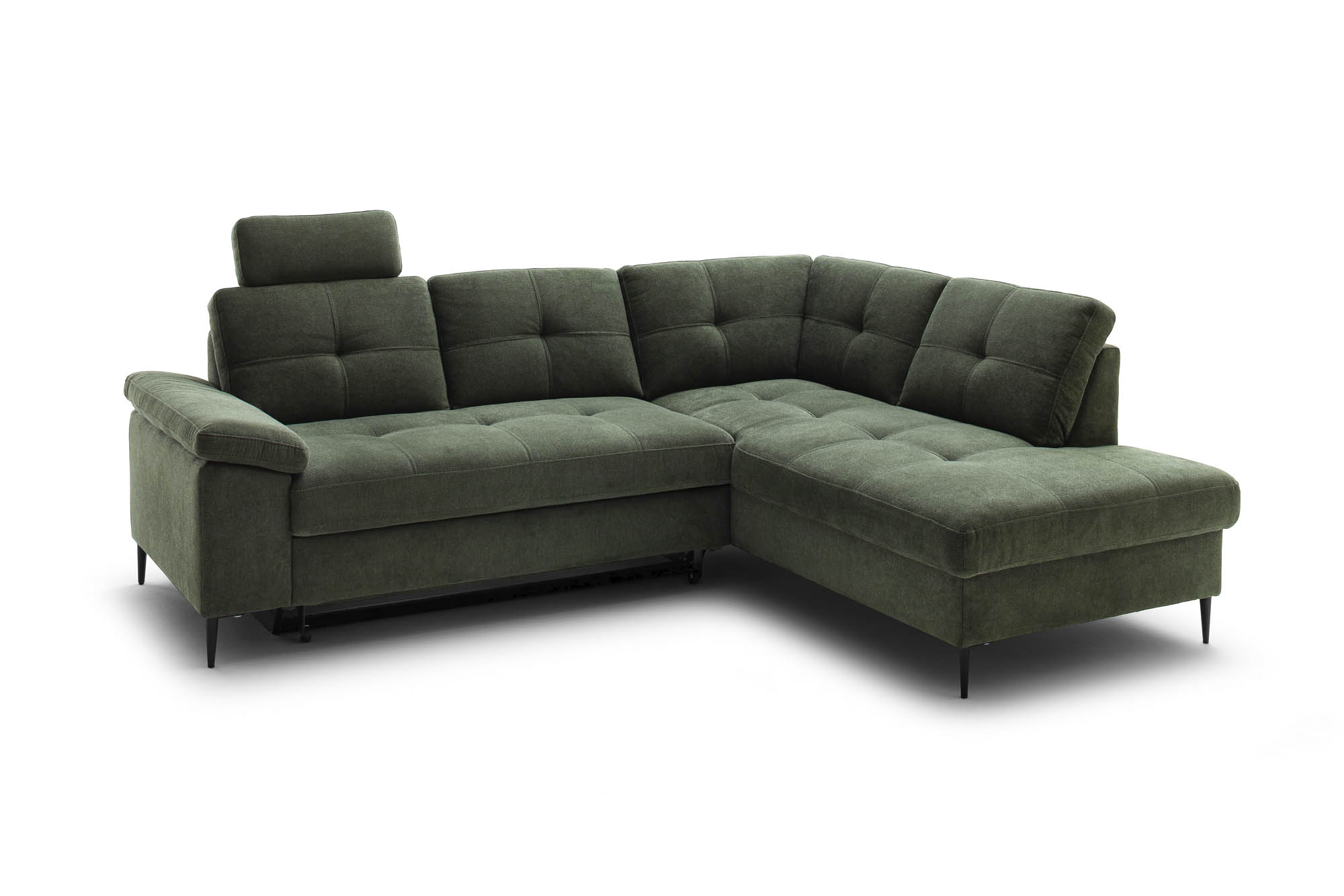 Wohnlandschaft Dunkelgrün Ottomane rechts inkl. Staukasten - 2-Sitzer Armlehne links inkl. Schlaffunktion (Echtbezug) -  Wayne