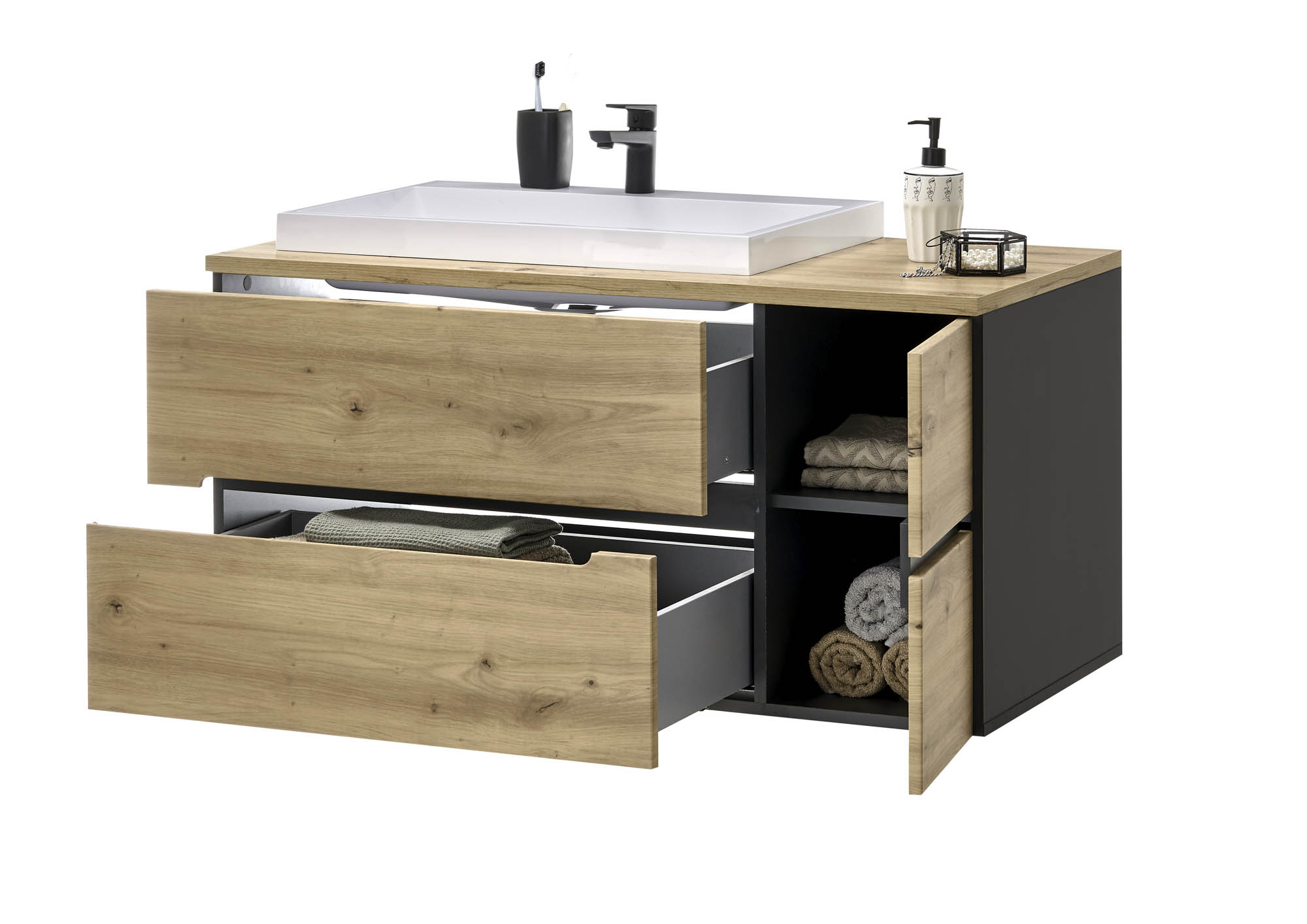 Waschbeckenunterschrank ROM inkl. Becken - Artisan Eiche & Grau | Softclose