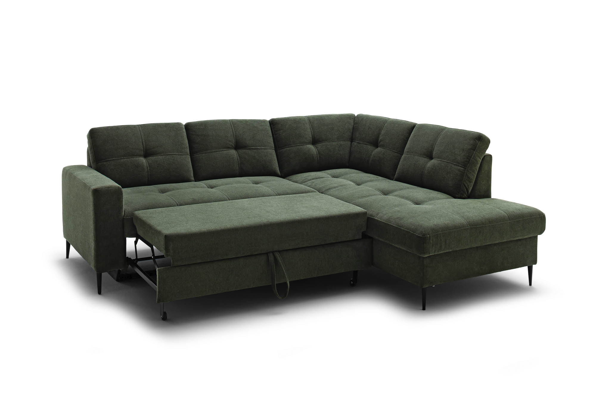 Wohnlandschaft Dunkelgrün Ottomane rechts inkl. Staukasten - 2-Sitzer Armlehne links inkl. Schlaffunktion (Echtbezug) -  Wayne