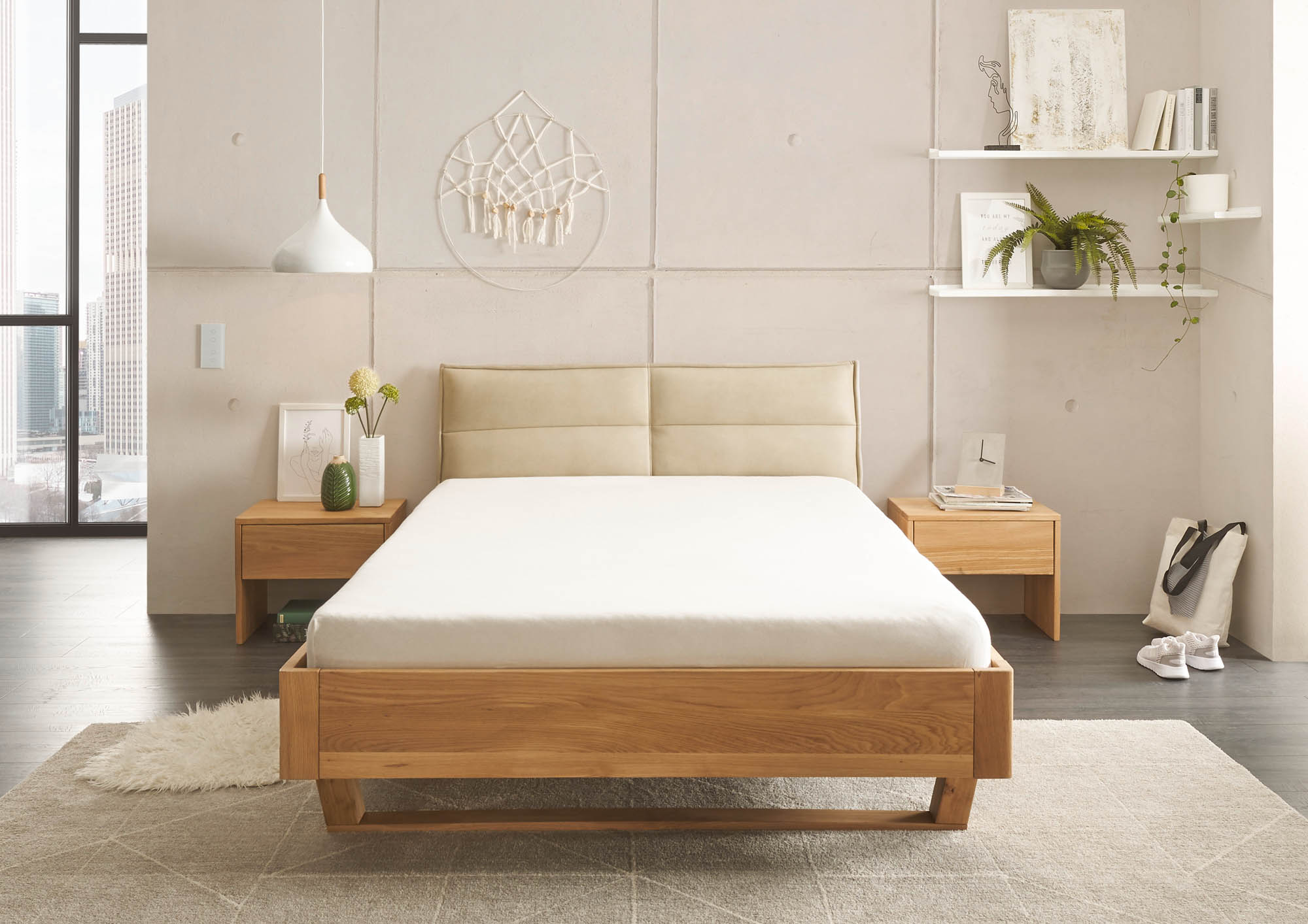 Bett Lederoptik beige ca. 140 x 200 cm Eiche massiv - Tjark