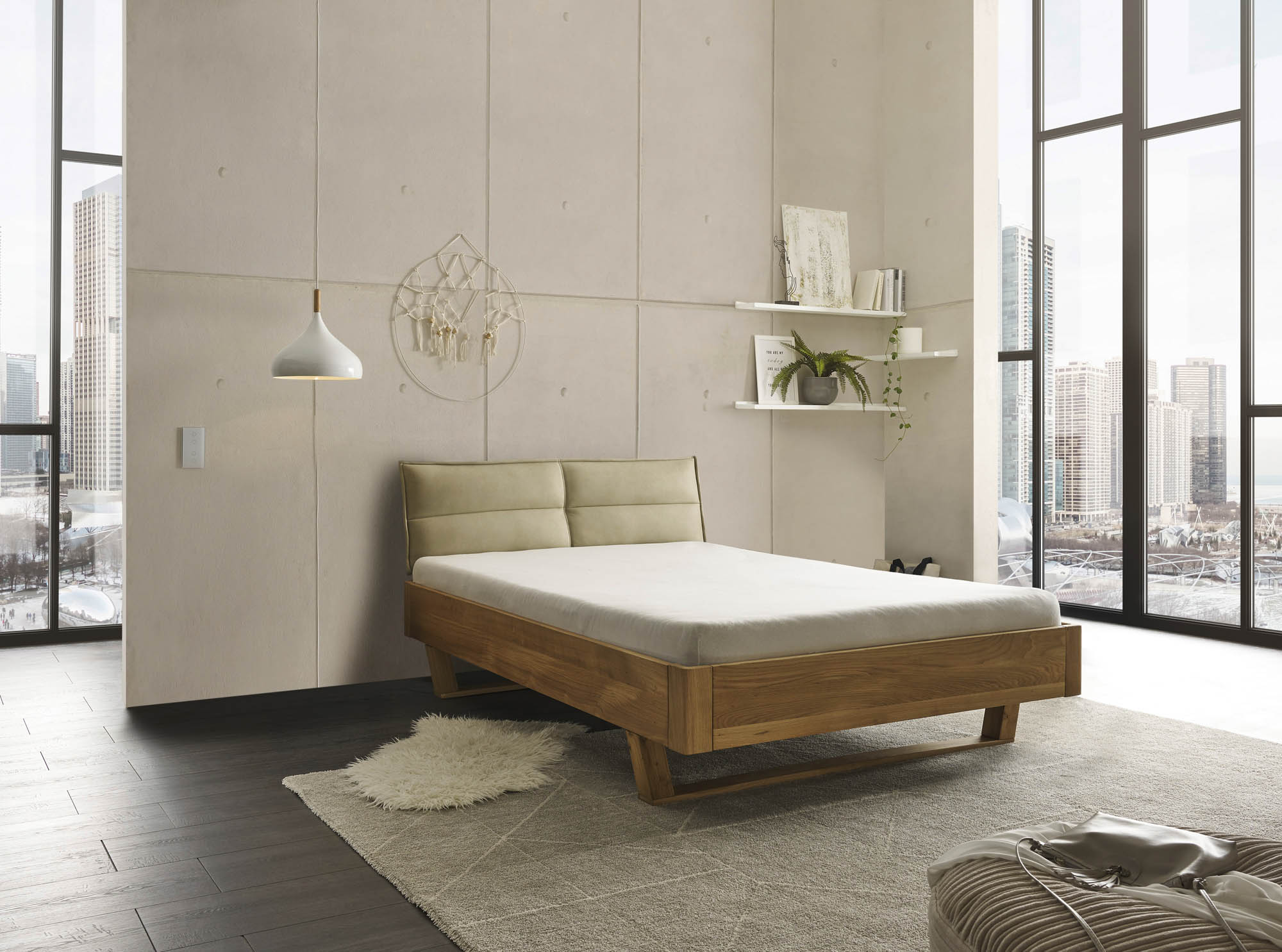 Bett Lederoptik beige ca. 140 x 200 cm Eiche massiv - Tjark