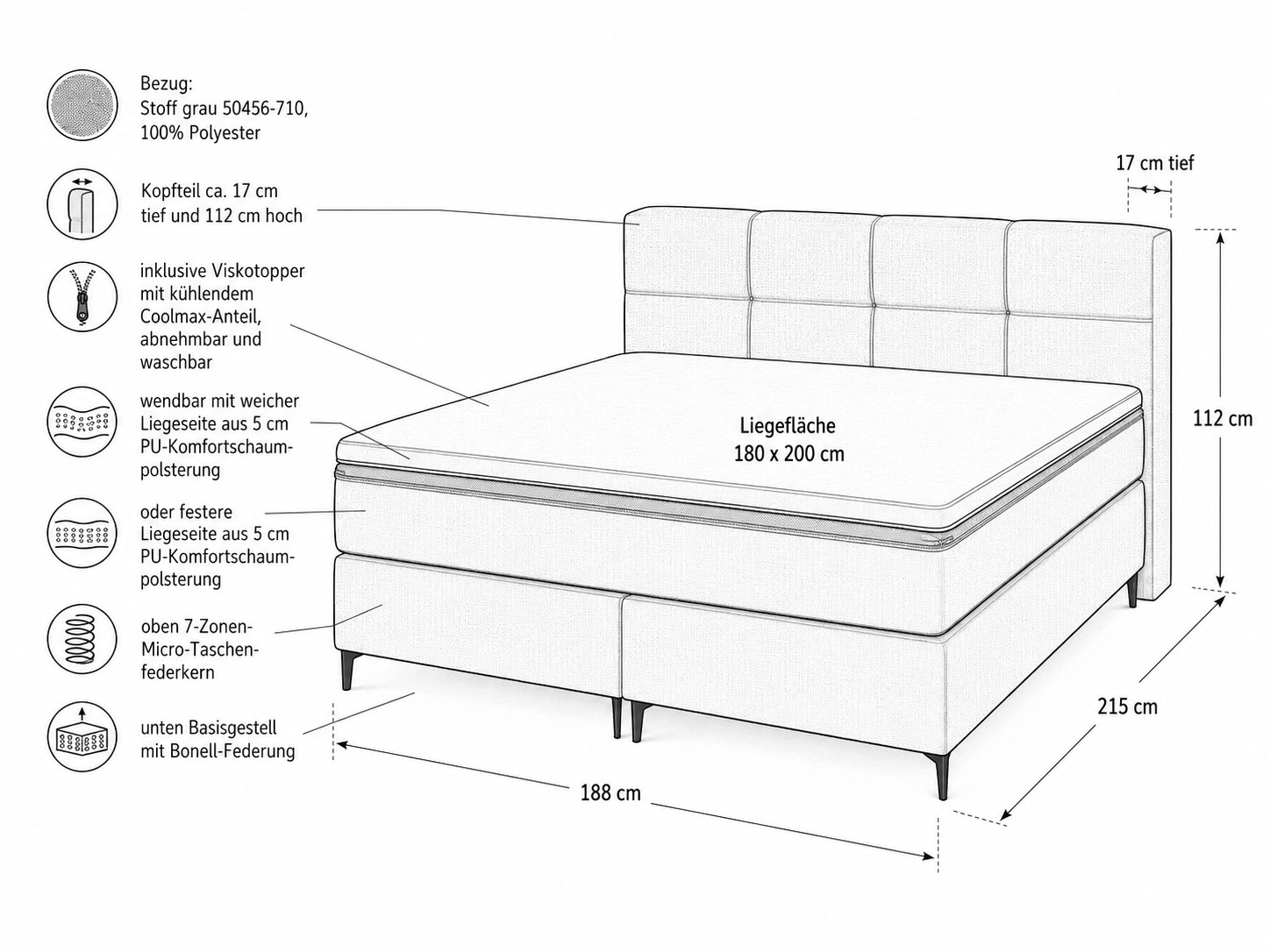 Boxspringbett stoff grau - 180 x 200 cm - Hanke