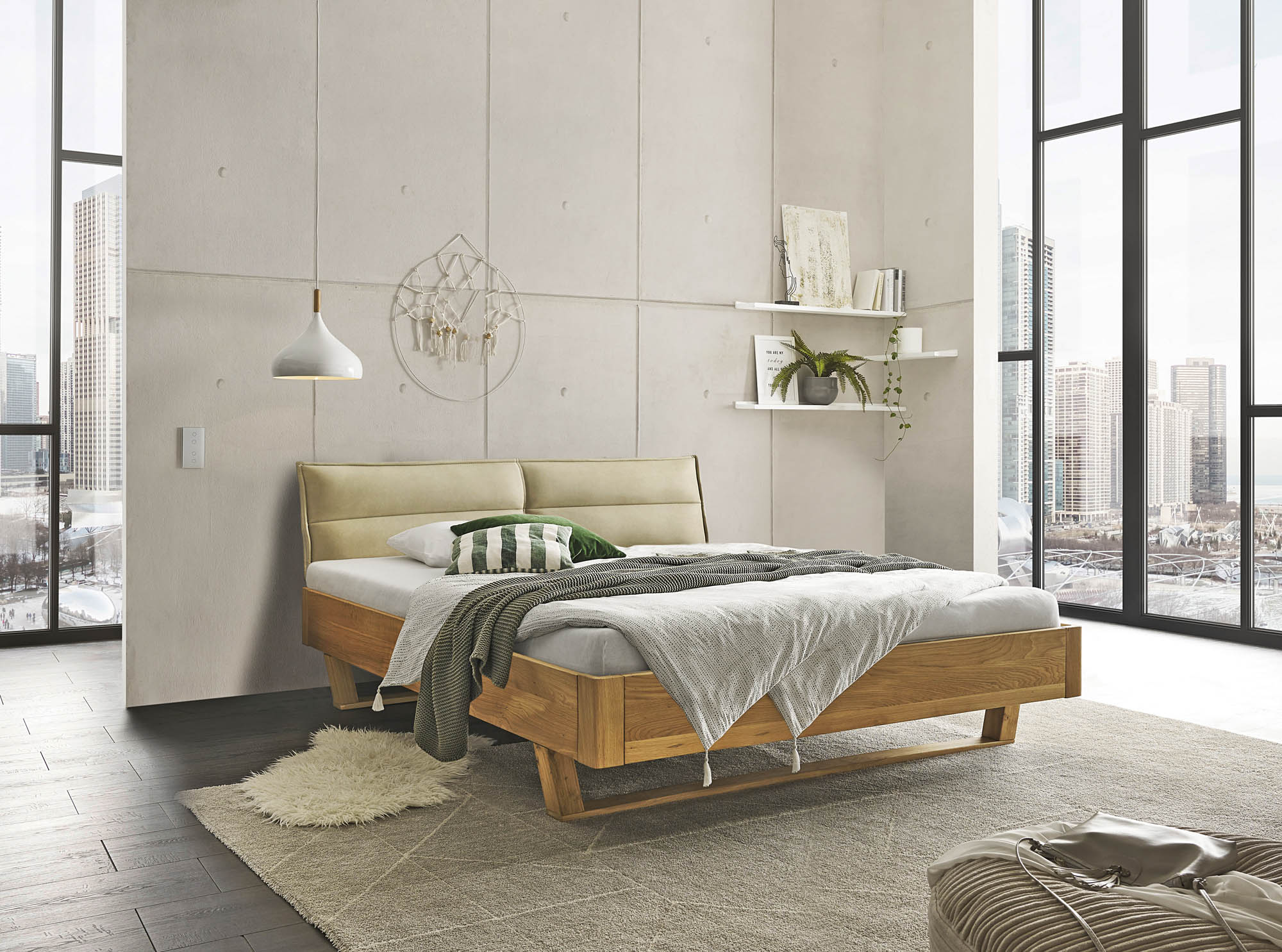 Bett Lederoptik beige ca. 180 x 200 cm Eiche massiv - Tjark
