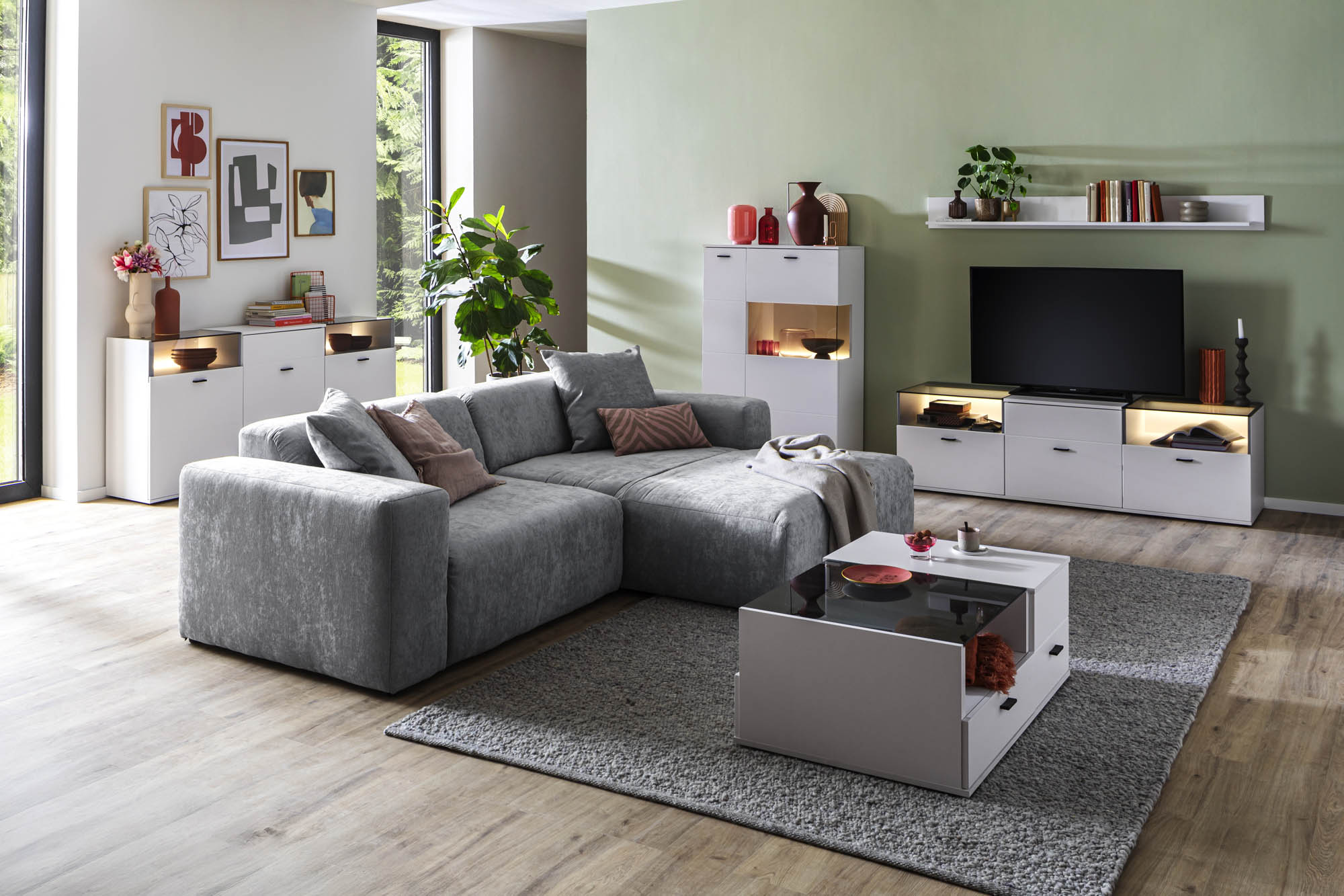 TV-Element alpinweiß Dekor - mit 3 Türen und mit Glas, inkl. Beleuchtung -  Rivalee