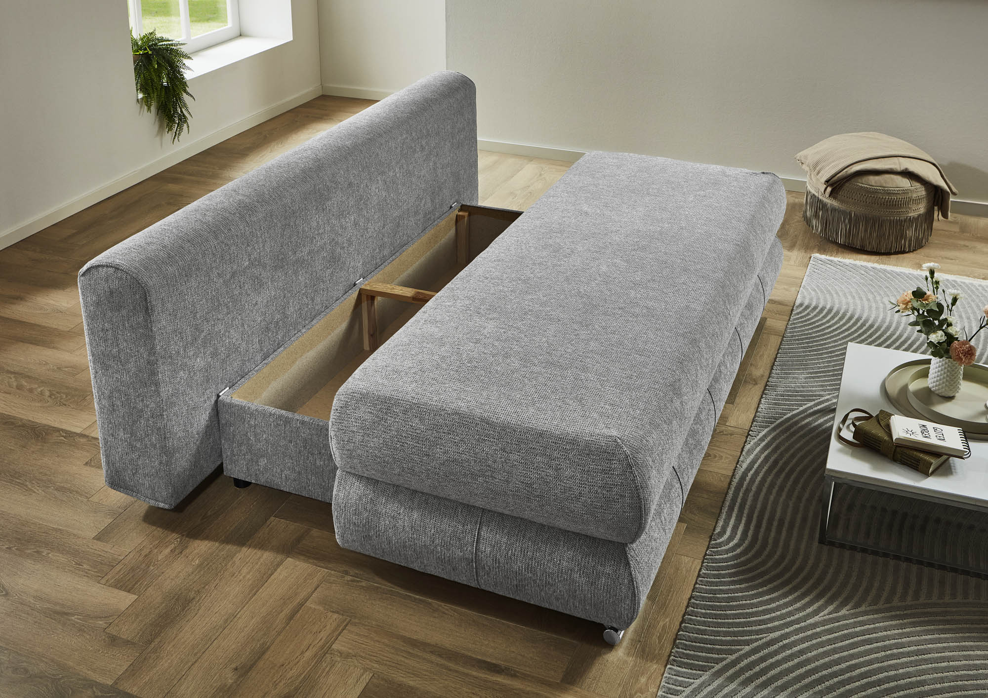 Schlafsofa silber mit Bettkasten und Schlaffunktion - inkl. 2 Rückenkissen und 2 Armlehnkissen - Bochum