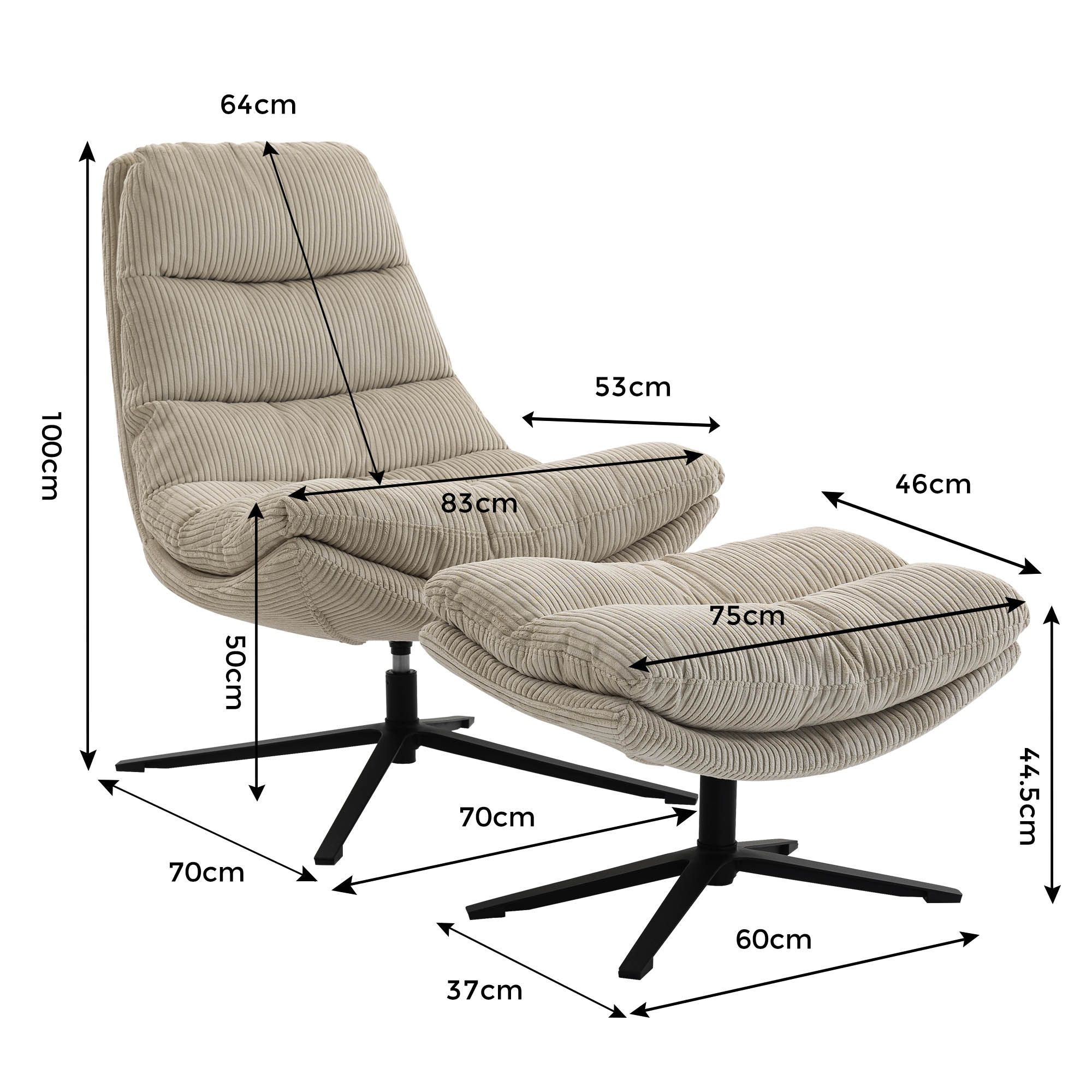 Relaxsessel mit Hocker Cord beige - 360 ° drehbar, mit Relaxfunktion - Duo Collection Pocatello