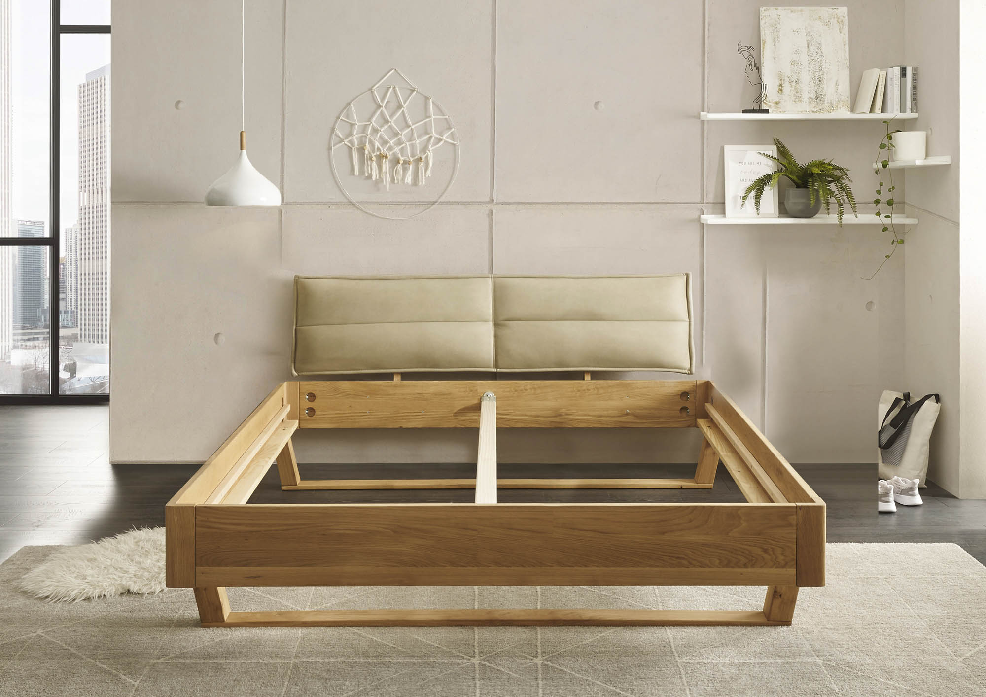 Bett Lederoptik beige ca. 180 x 200 cm Eiche massiv - Tjark