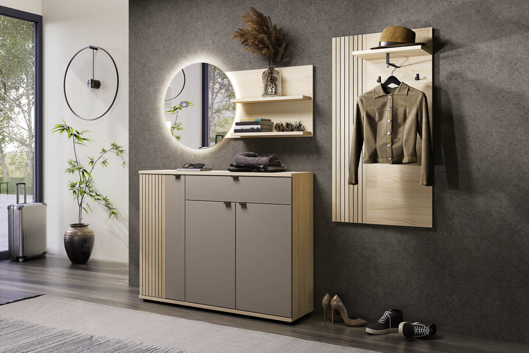 Schuhschrank basalt supermatt - Innostyle Piacenza - mit Softclose und Selbsteinzug - mit 1 Schubkasten und 3 Holztüren