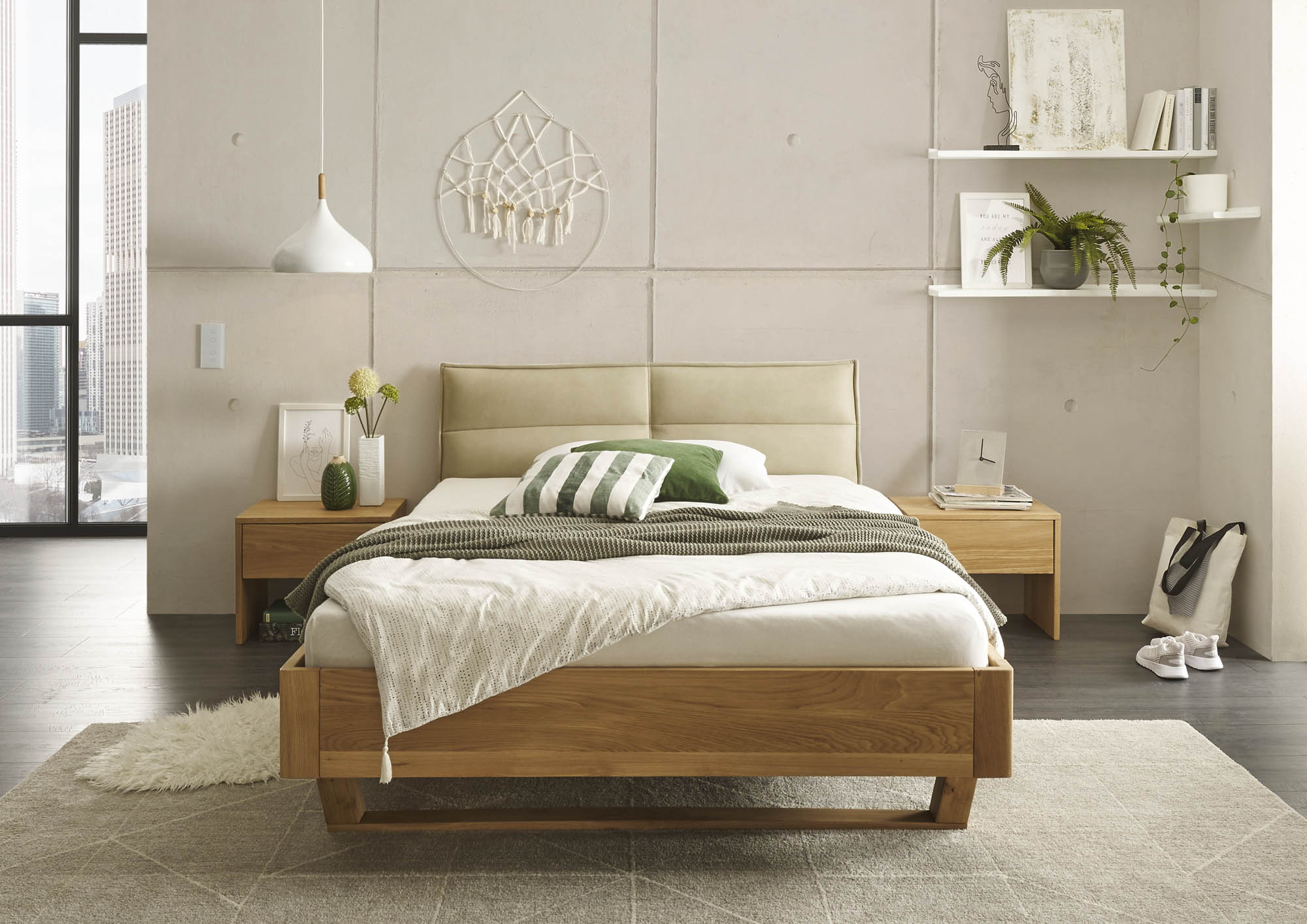 Bett Lederoptik beige ca. 140 x 200 cm Eiche massiv - Tjark