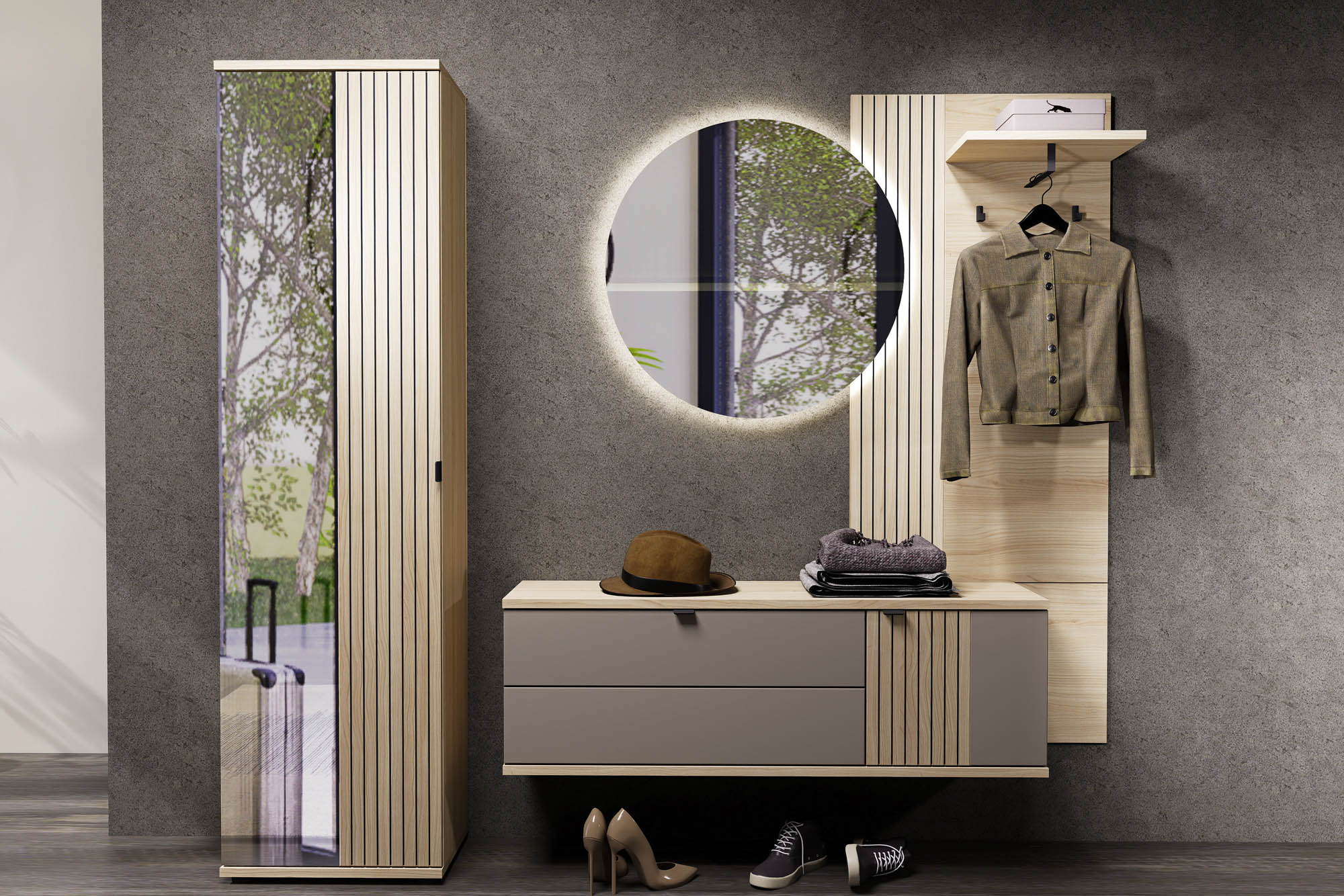 Garderobenschrank basalt supermatt - Innostyle Piacenza - mit Softclose und Selbsteinzug - mit 1 Spiegeltür re/li montierbar