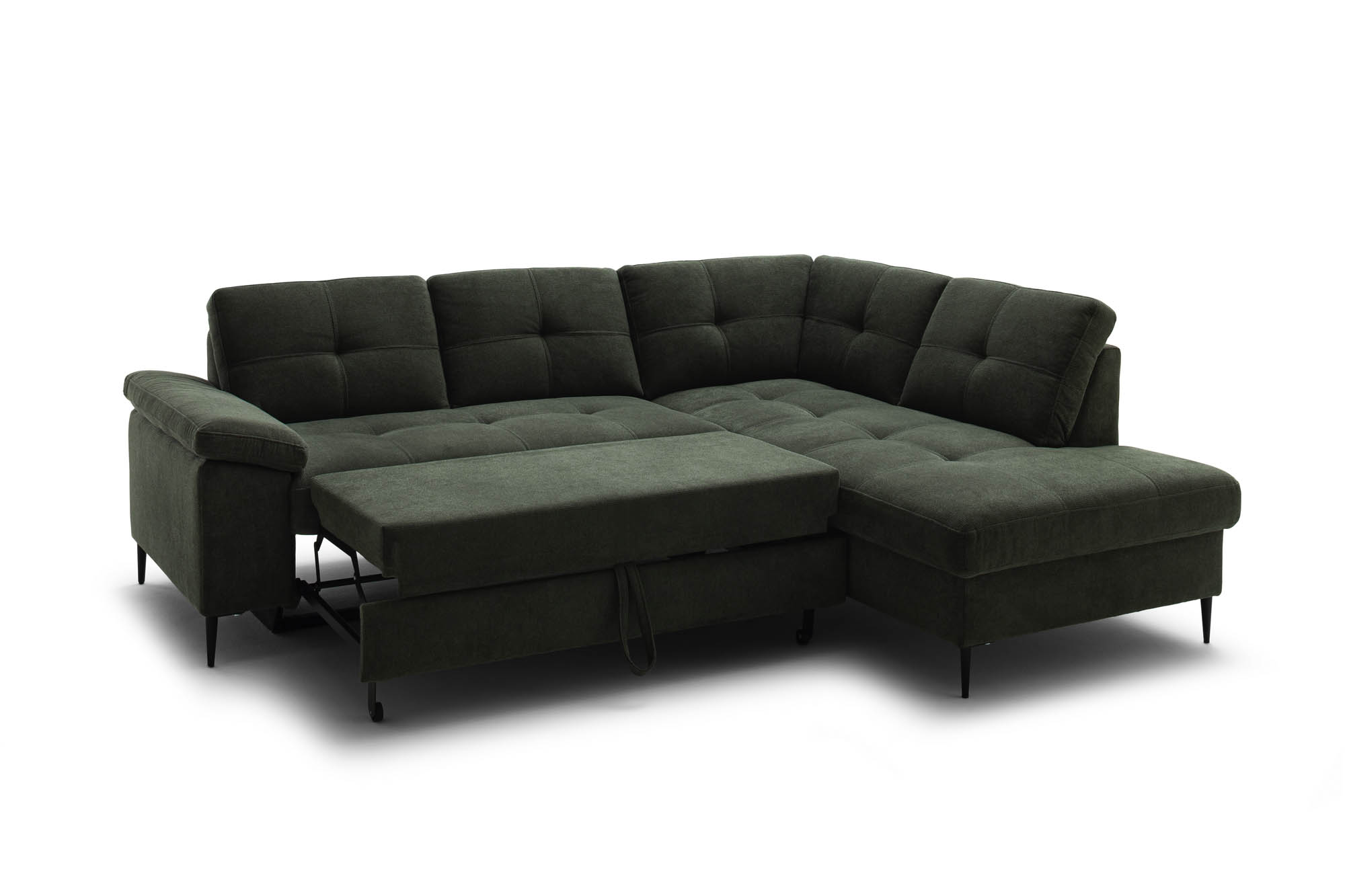 Wohnlandschaft Dunkelgrün Ottomane rechts inkl. Staukasten - 2-Sitzer Armlehne links inkl. Schlaffunktion (Echtbezug) -  Wayne