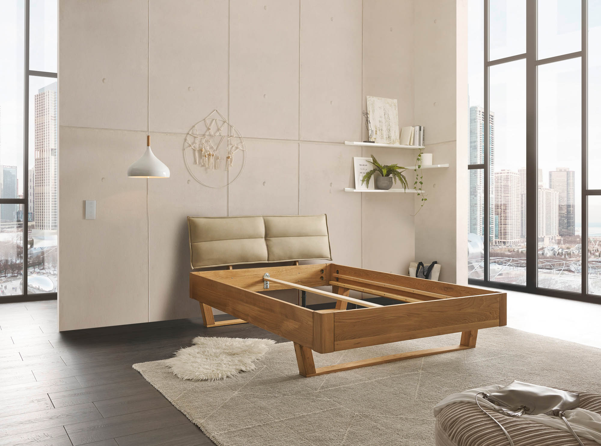Bett Lederoptik beige ca. 140 x 200 cm Eiche massiv - Tjark