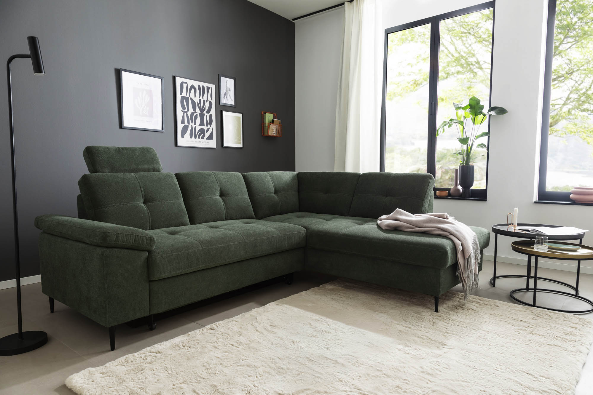 Wohnlandschaft Dunkelgrün Ottomane rechts inkl. Staukasten - 2-Sitzer Armlehne links inkl. Schlaffunktion (Echtbezug) -  Wayne