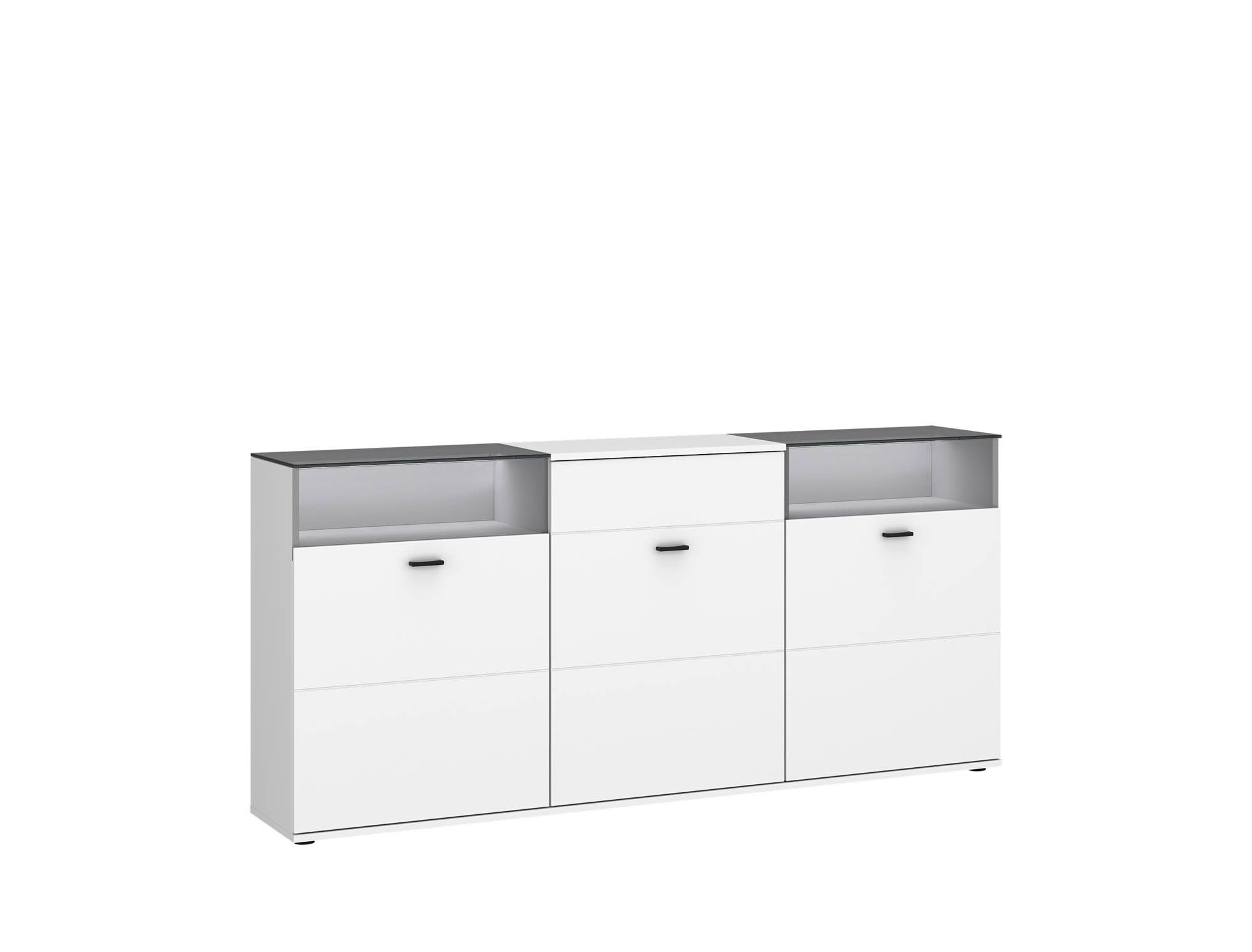 Kommode alpinweiß Dekor - mit 3 Türen und mit Glas, inkl. Beleuchtung -  Rivalee