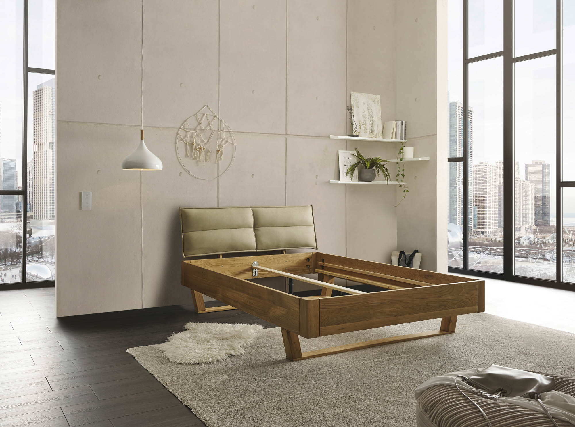 Bett Lederoptik beige ca. 140 x 200 cm Eiche massiv - Tjark