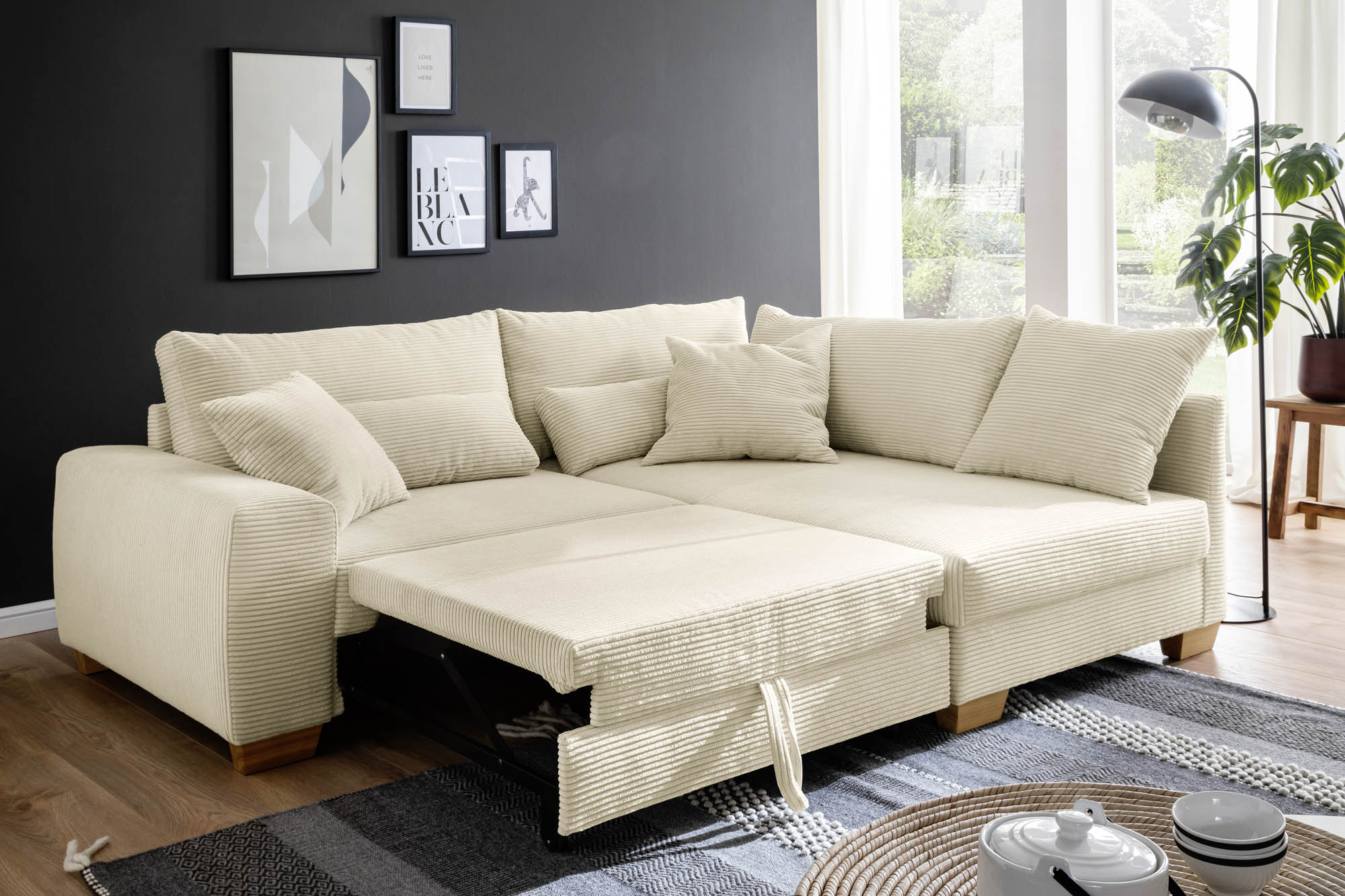 Wohnlandschaft Cord Natur - Komfort-Sitzhöhe, Hochschläfer-Bettauszug - inklusive Kissen -  Fortuna NovaSpring