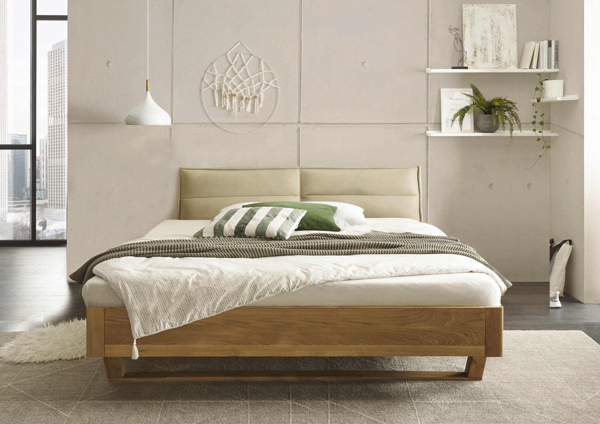 Bett Lederoptik beige ca. 180 x 200 cm Eiche massiv - Tjark