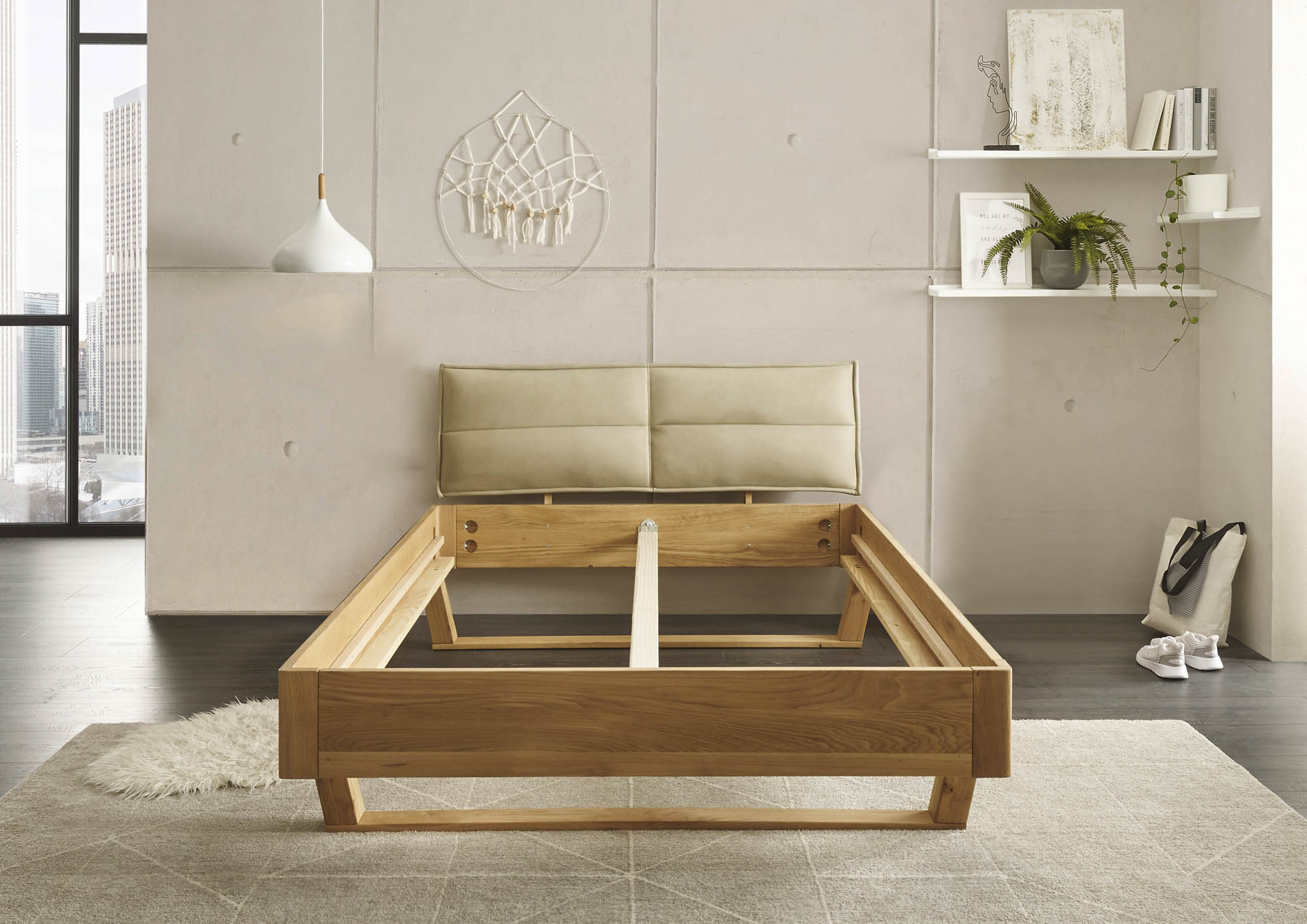 Bett Lederoptik beige ca. 140 x 200 cm Eiche massiv - Tjark