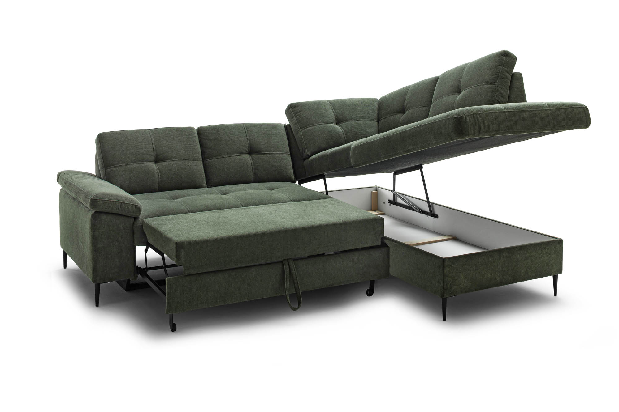 Wohnlandschaft Dunkelgrün Ottomane rechts inkl. Staukasten - 2-Sitzer Armlehne links inkl. Schlaffunktion (Echtbezug) -  Wayne