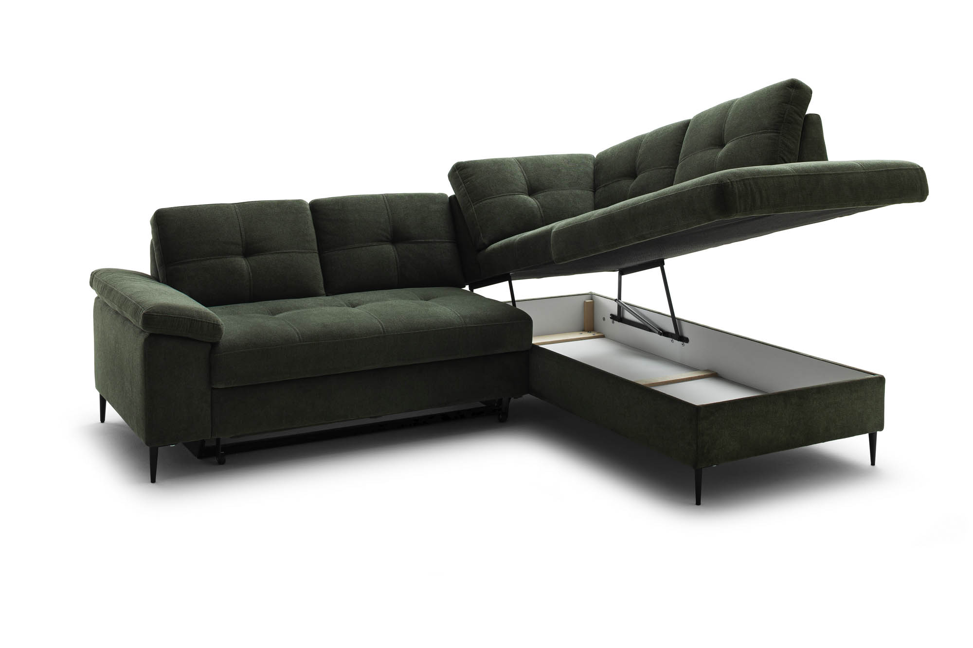 Wohnlandschaft Dunkelgrün Ottomane rechts inkl. Staukasten - 2-Sitzer Armlehne links inkl. Schlaffunktion (Echtbezug) -  Wayne