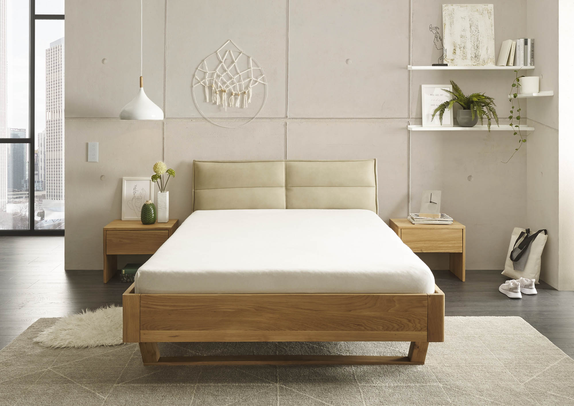 Bett Lederoptik beige ca. 140 x 200 cm Eiche massiv - Tjark