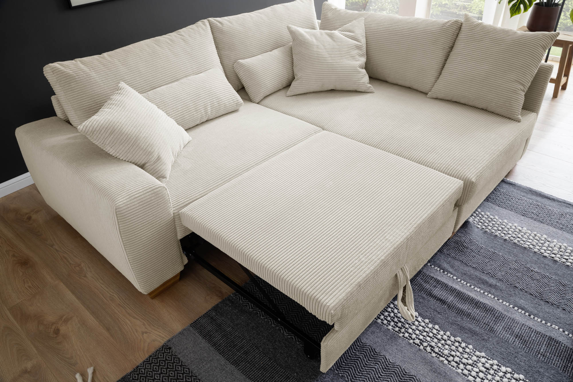 Wohnlandschaft Cord Natur - Komfort-Sitzhöhe, Hochschläfer-Bettauszug - inklusive Kissen -  Fortuna NovaSpring