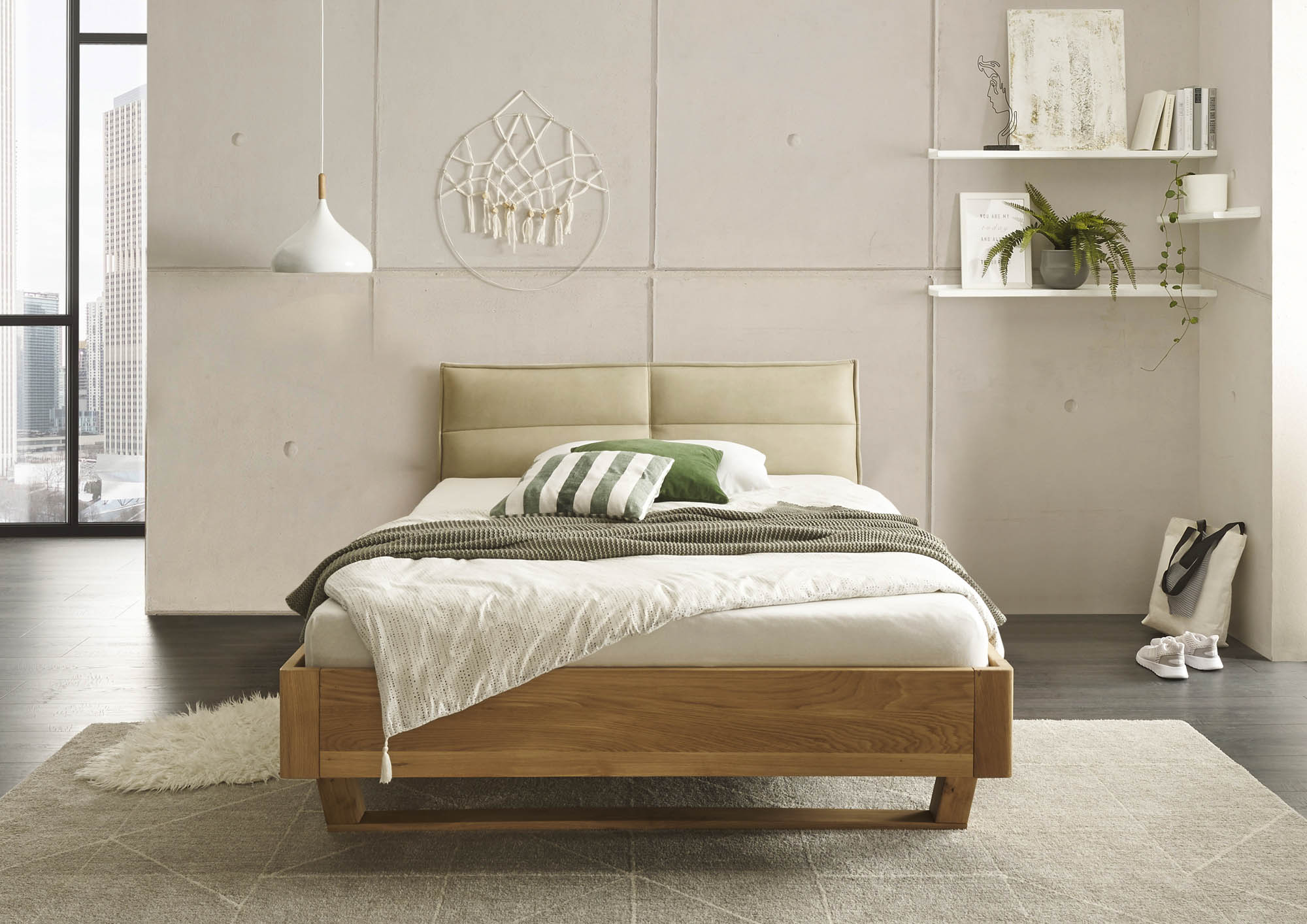 Bett Lederoptik beige ca. 140 x 200 cm Eiche massiv - Tjark