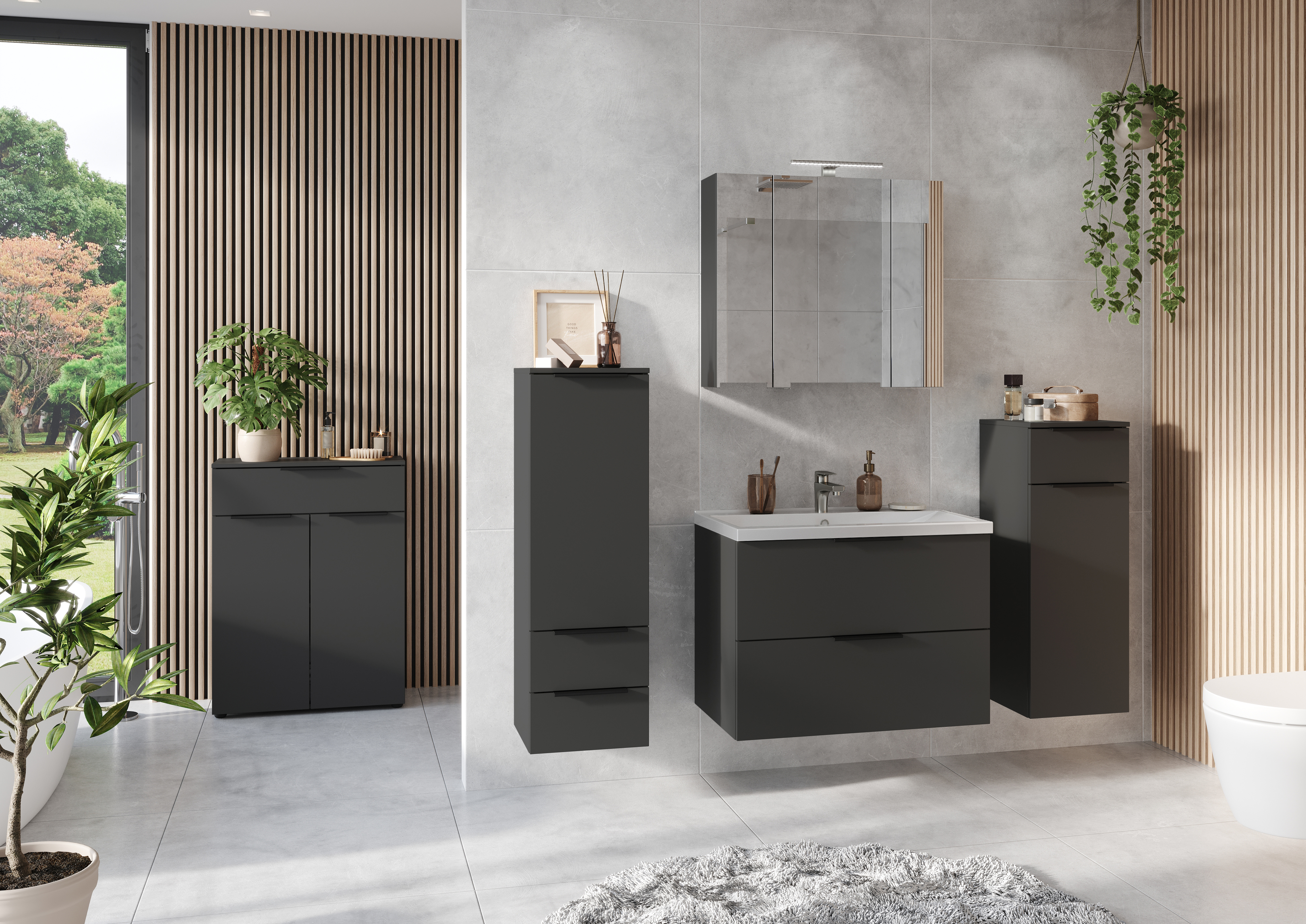 Spiegelschrank Grau Melaminharzbeschichtet  mit 3 Türen inkl. LED Beleuchtung  