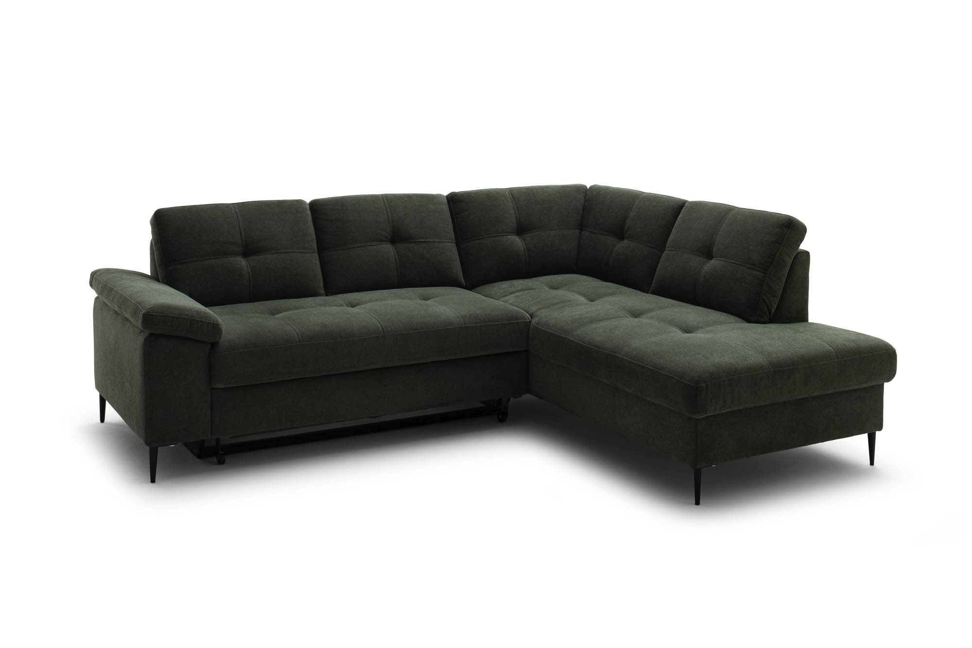 Wohnlandschaft Dunkelgrün Ottomane rechts inkl. Staukasten - 2-Sitzer Armlehne links inkl. Schlaffunktion (Echtbezug) -  Wayne