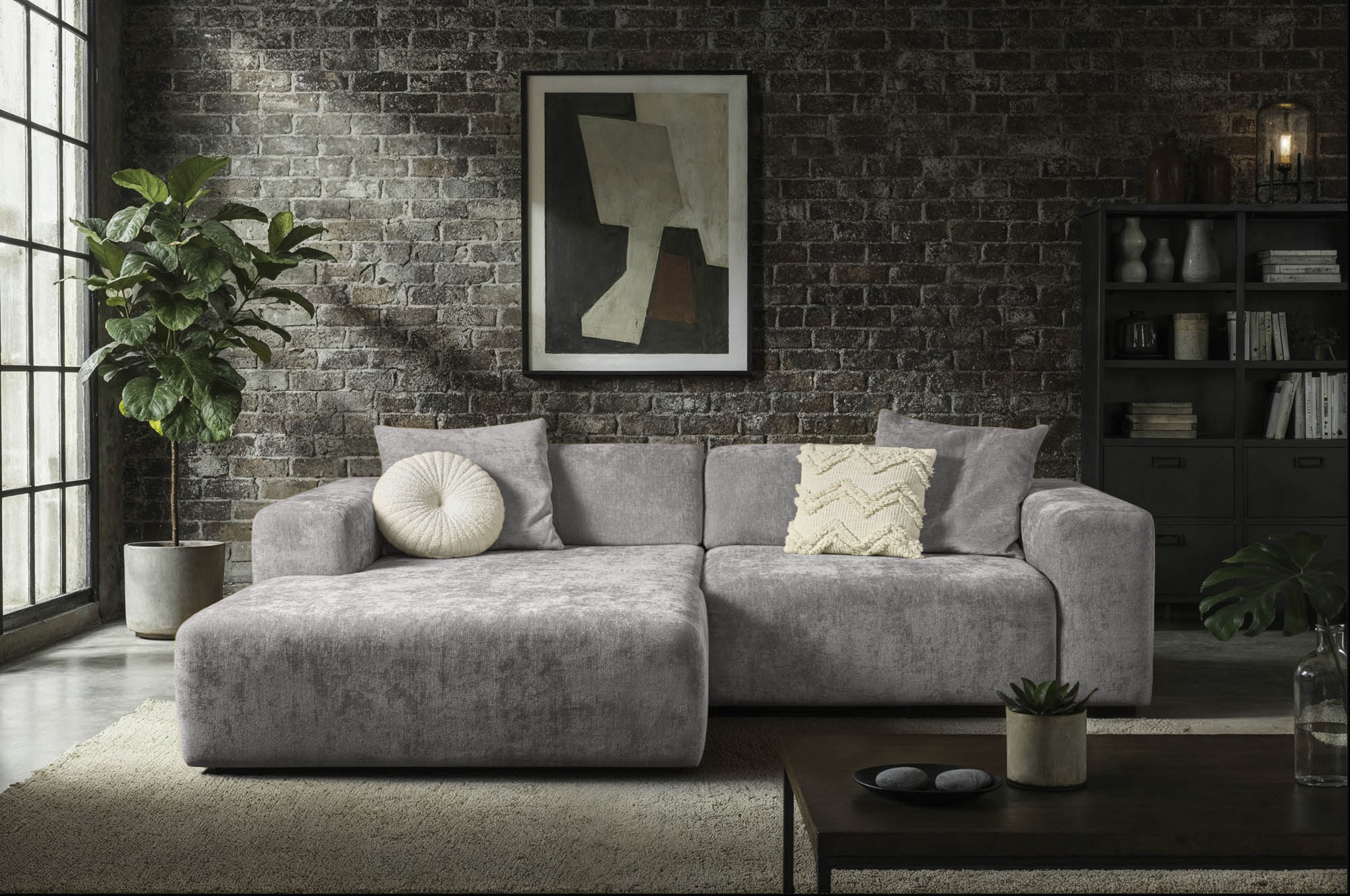 Wohnlandschaft Grau Ottomane rechts - inkl. 2 Kissen 60 x 60 cm -  Tommy