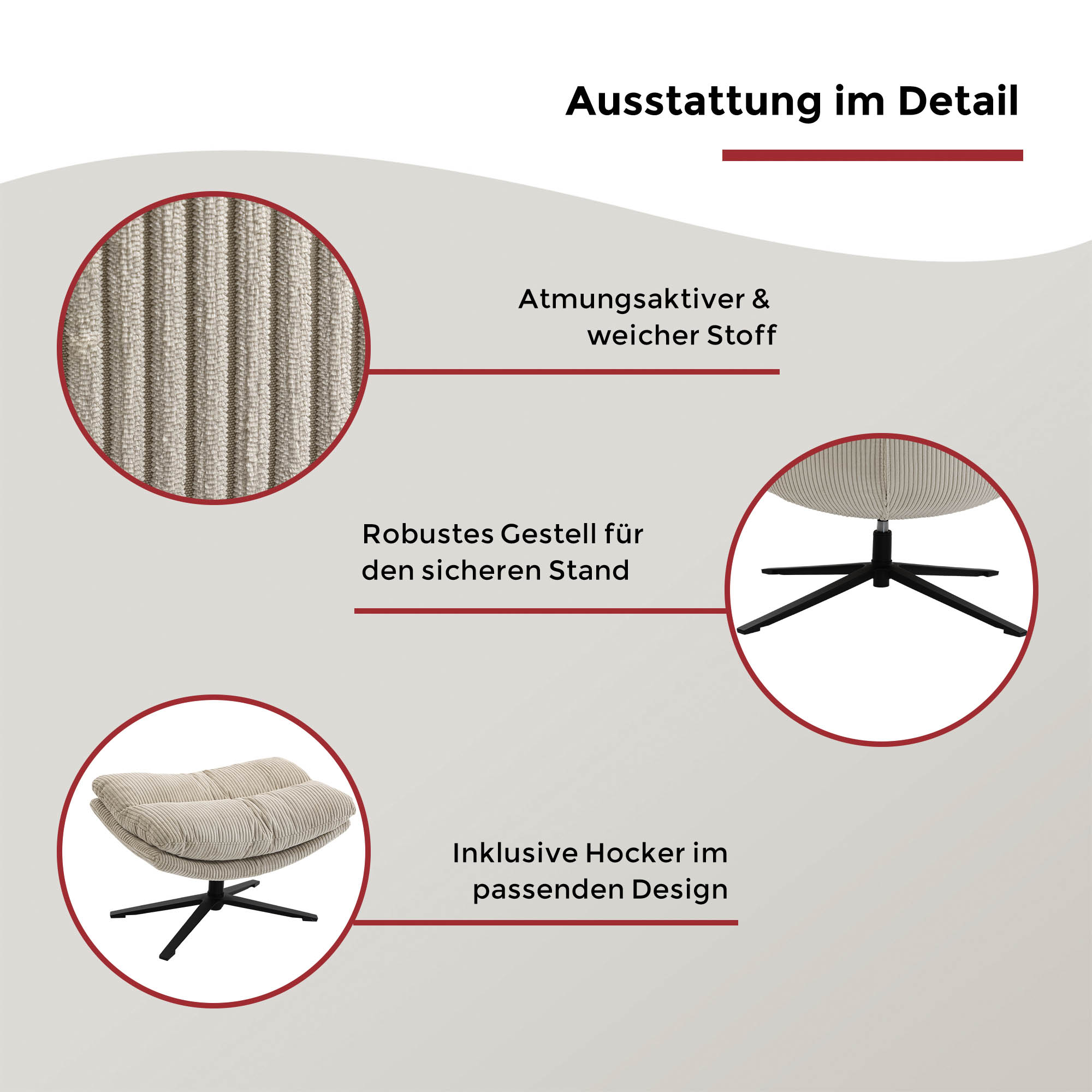 Relaxsessel mit Hocker Cord beige - 360 ° drehbar, mit Relaxfunktion - Duo Collection Pocatello