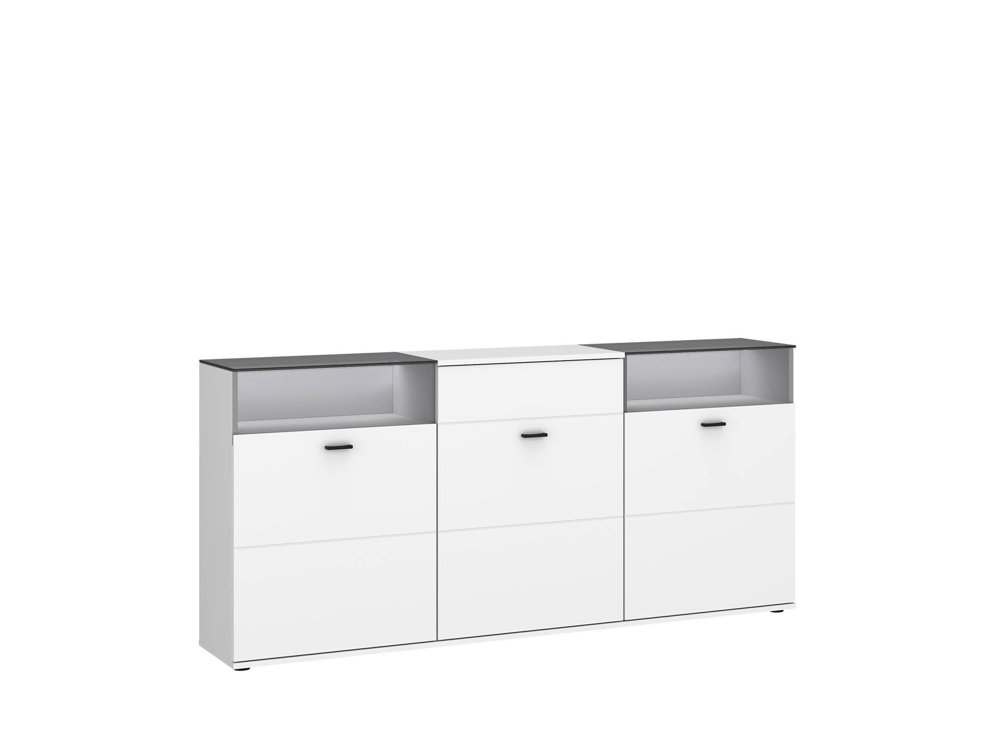 Kommode alpinweiß Dekor - mit 3 Türen und mit Glas, inkl. Beleuchtung -  Rivalee