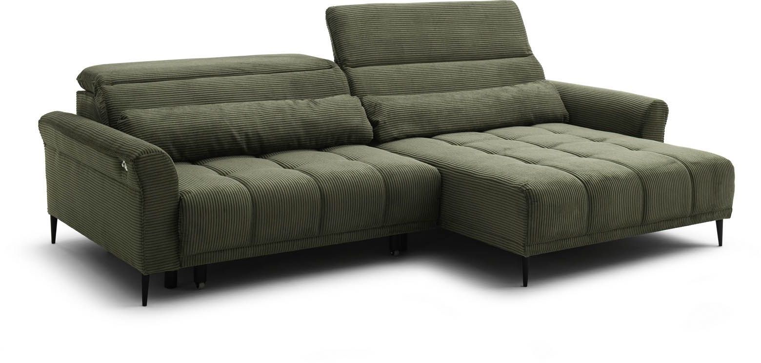 Wohnlandschaft Cord Grün - inkl. elektrischer XXL-Sitztiefenverstellung und 2 Kopfteilverstellungen  -  Wolve