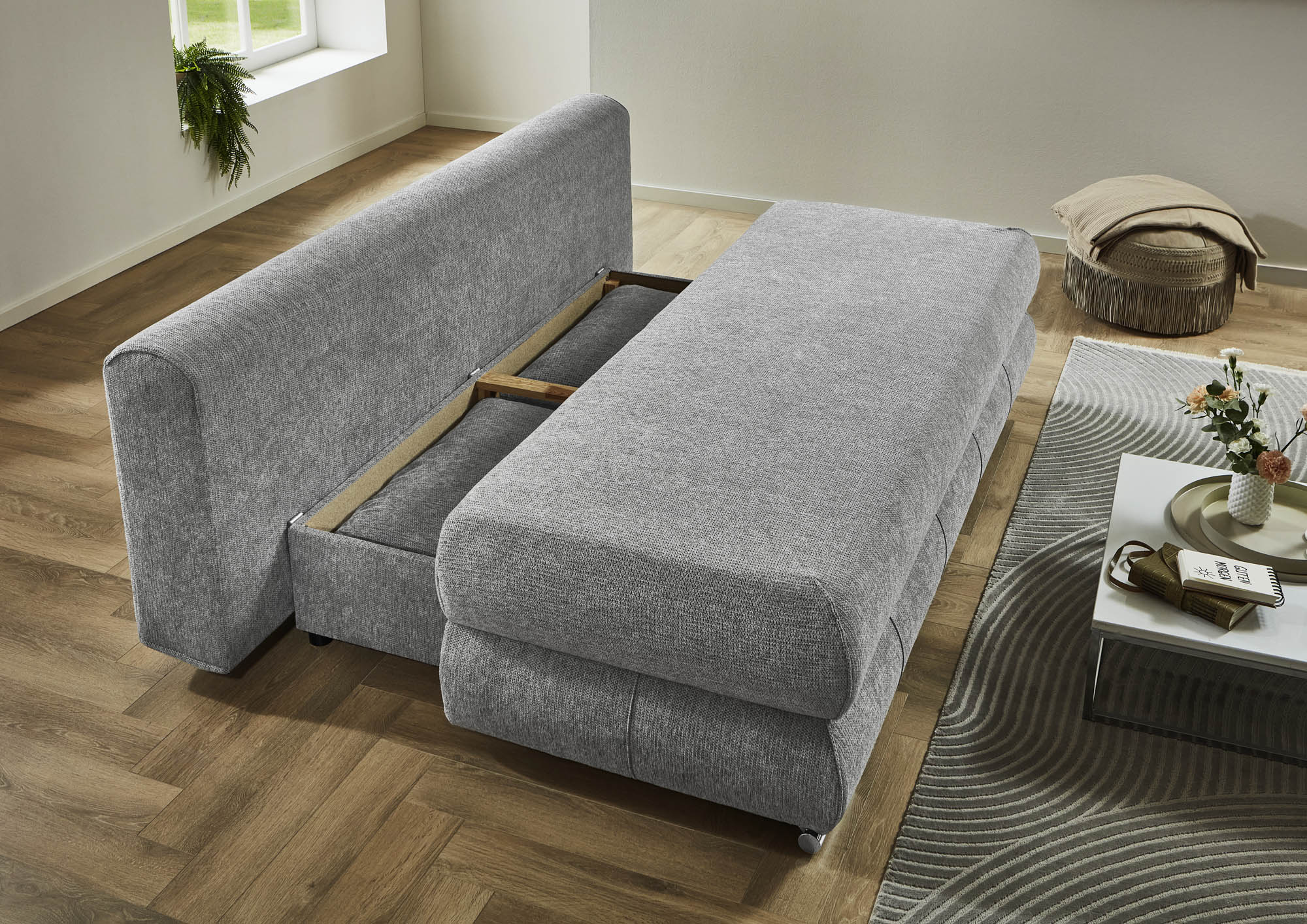 Schlafsofa silber mit Bettkasten und Schlaffunktion - inkl. 2 Rückenkissen und 2 Armlehnkissen - Bochum