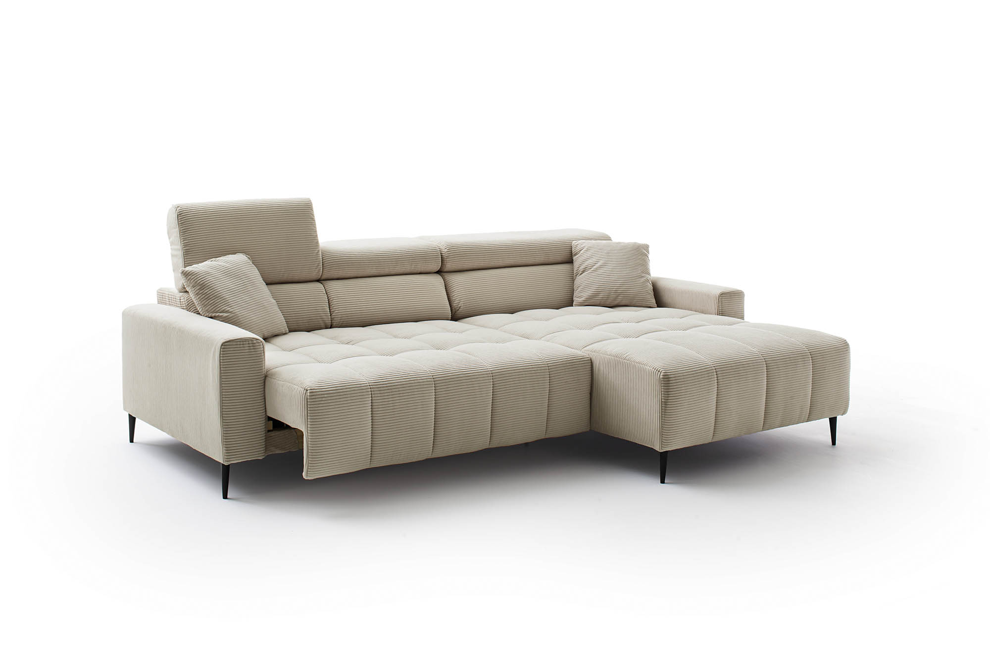 Wohnlandschaft Ottomane links Cord beige - manuellen Kopfteilverstellungen - inkl. 2 mittlere Kissen - mit elektrische Sitztiefenverstellung