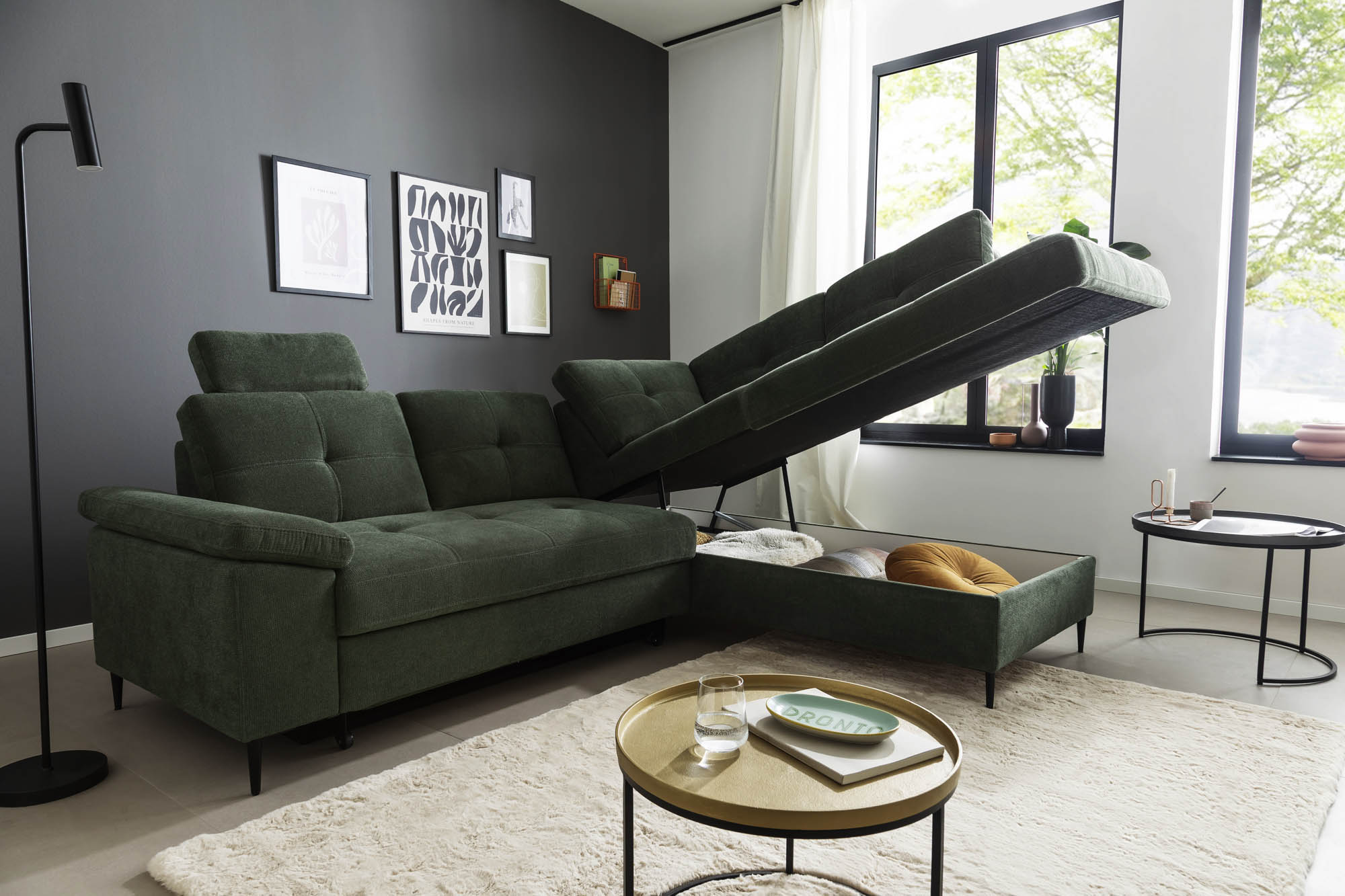 Wohnlandschaft Dunkelgrün Ottomane rechts inkl. Staukasten - 2-Sitzer Armlehne links inkl. Schlaffunktion (Echtbezug) -  Wayne