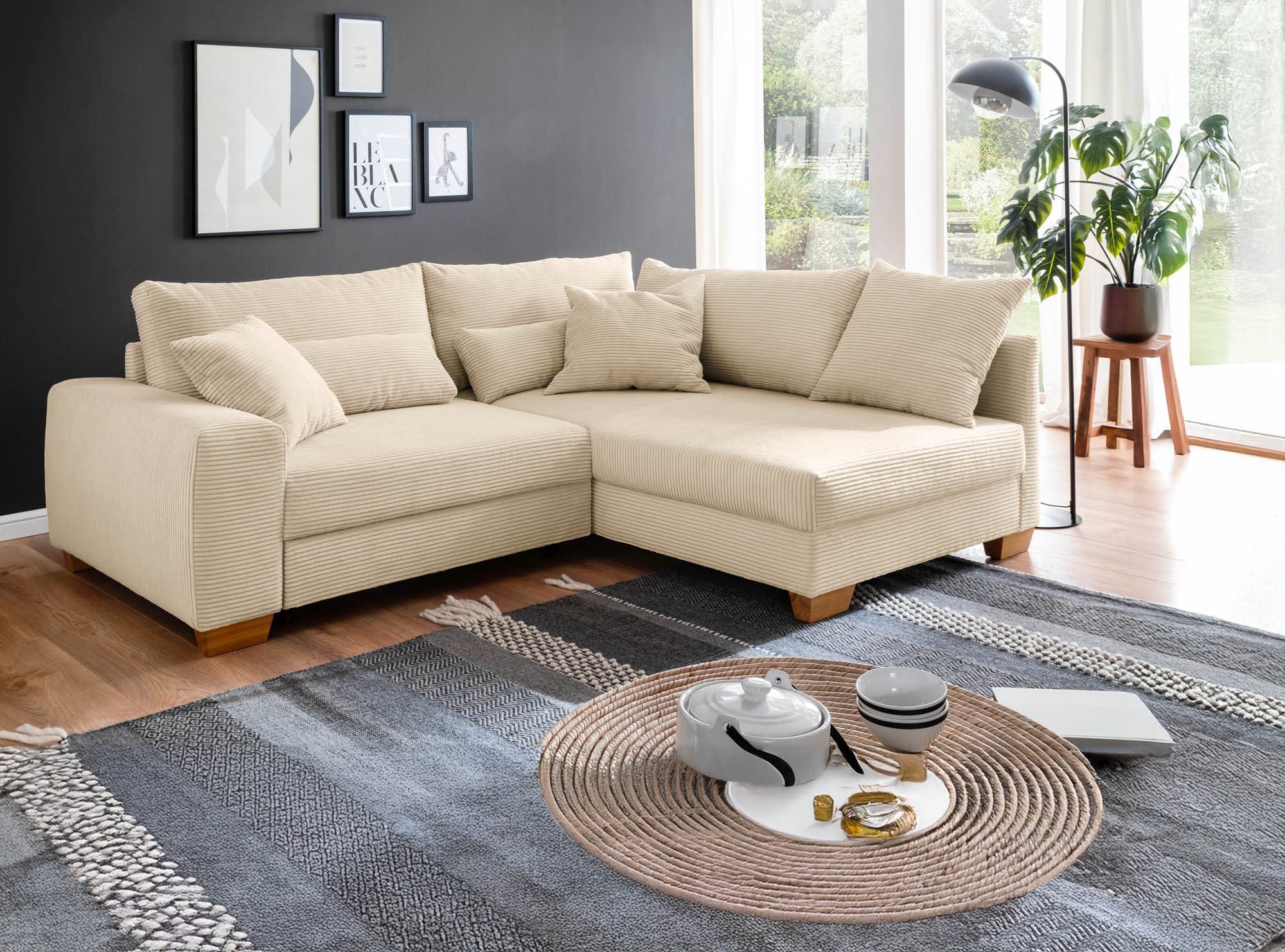 Wohnlandschaft Cord Natur - Komfort-Sitzhöhe, Hochschläfer-Bettauszug - inklusive Kissen -  Fortuna NovaSpring