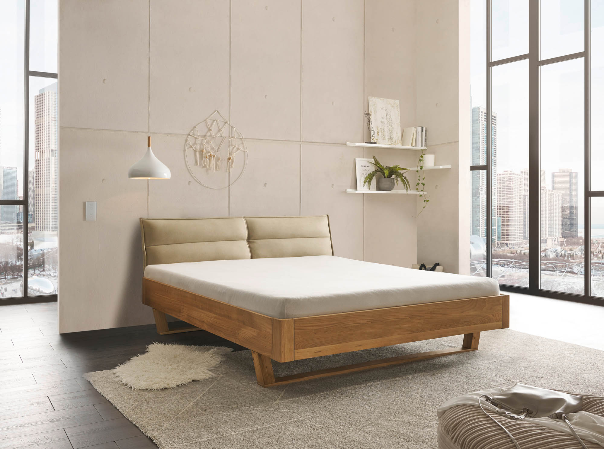 Bett Lederoptik beige ca. 180 x 200 cm Eiche massiv - Tjark