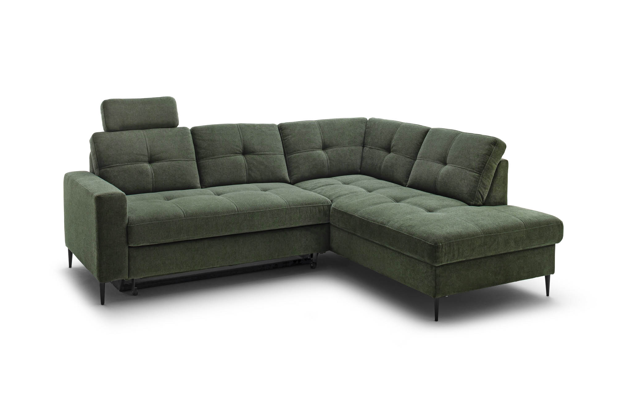 Wohnlandschaft Dunkelgrün Ottomane rechts inkl. Staukasten - 2-Sitzer Armlehne links inkl. Schlaffunktion (Echtbezug) -  Wayne