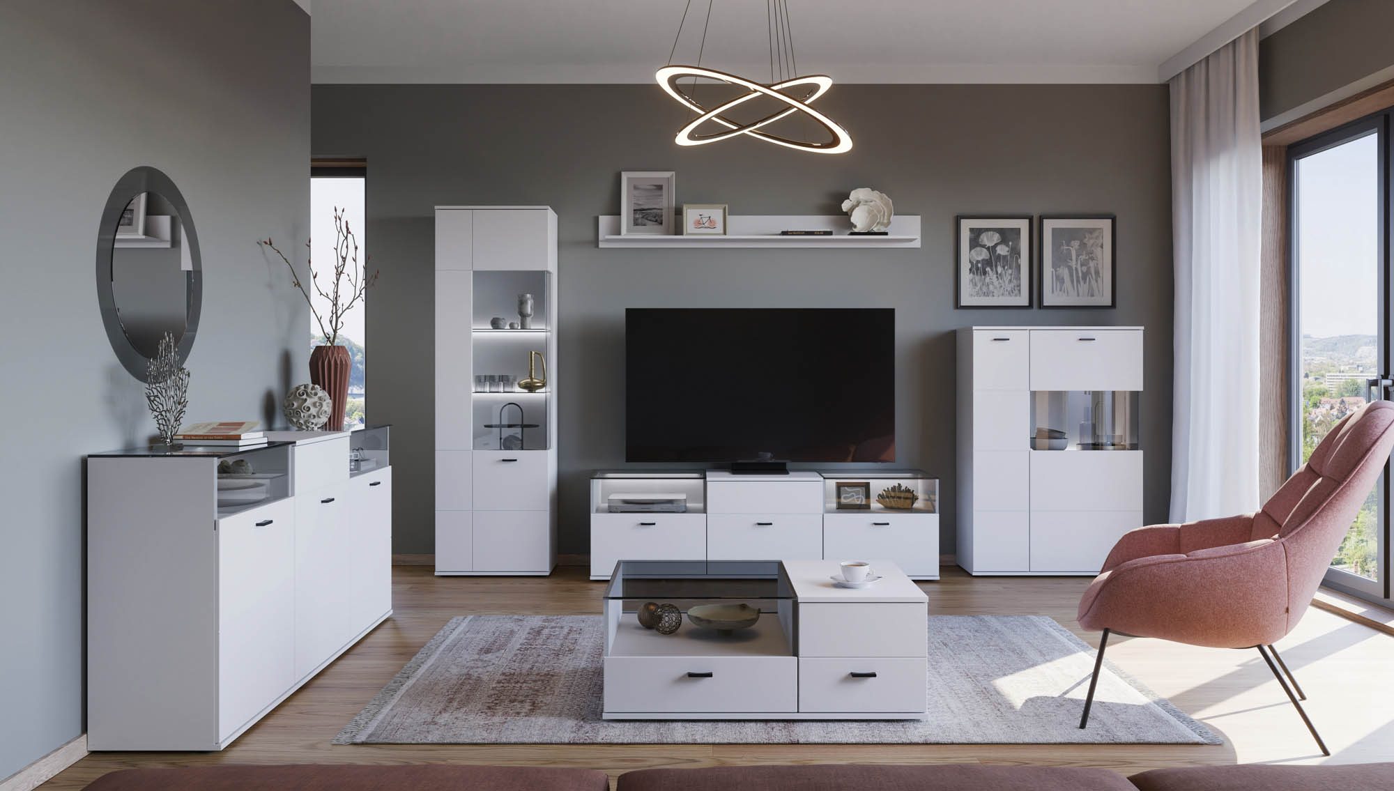 TV-Element alpinweiß Dekor - mit 3 Türen und mit Glas, inkl. Beleuchtung -  Rivalee