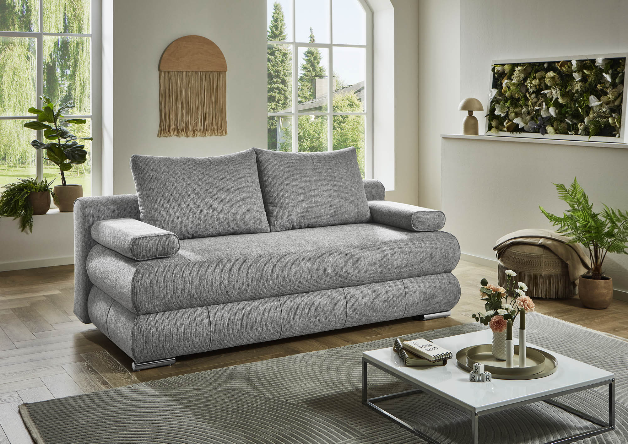 Schlafsofa silber mit Bettkasten und Schlaffunktion - inkl. 2 Rückenkissen und 2 Armlehnkissen - Bochum