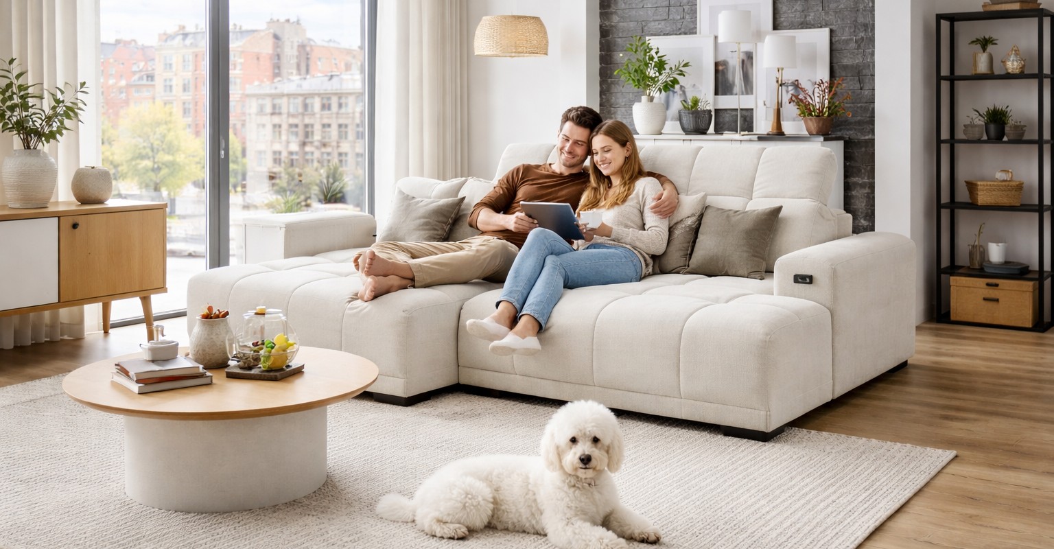 Wohnlandschaft Puppet Ottomane links beige 195 x 301 cm