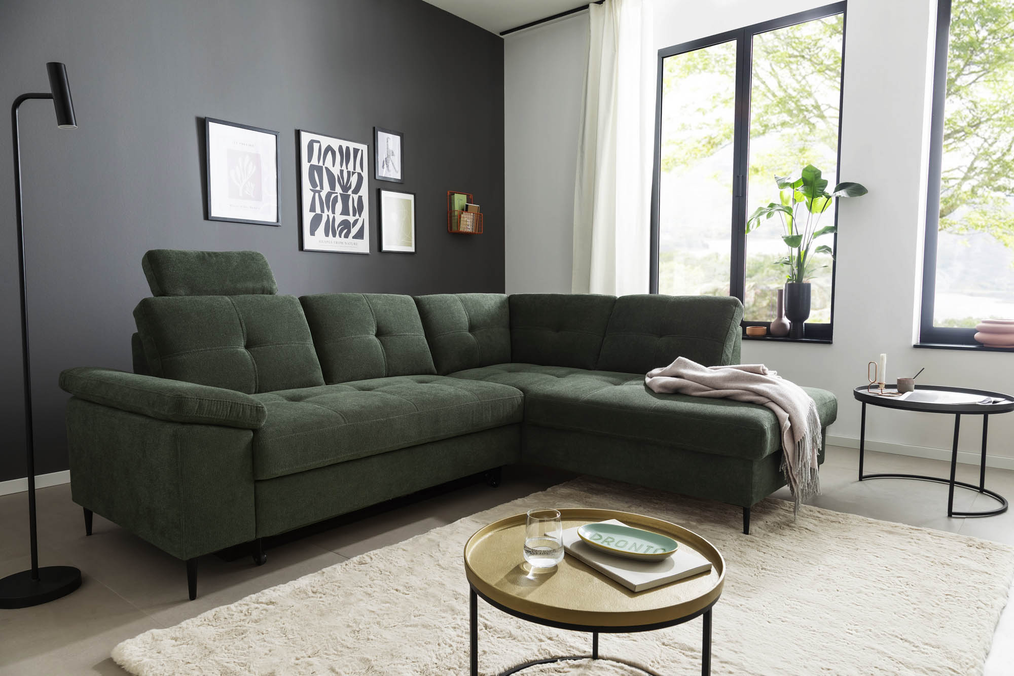 Wohnlandschaft Dunkelgrün Ottomane rechts inkl. Staukasten - 2-Sitzer Armlehne links inkl. Schlaffunktion (Echtbezug) -  Wayne