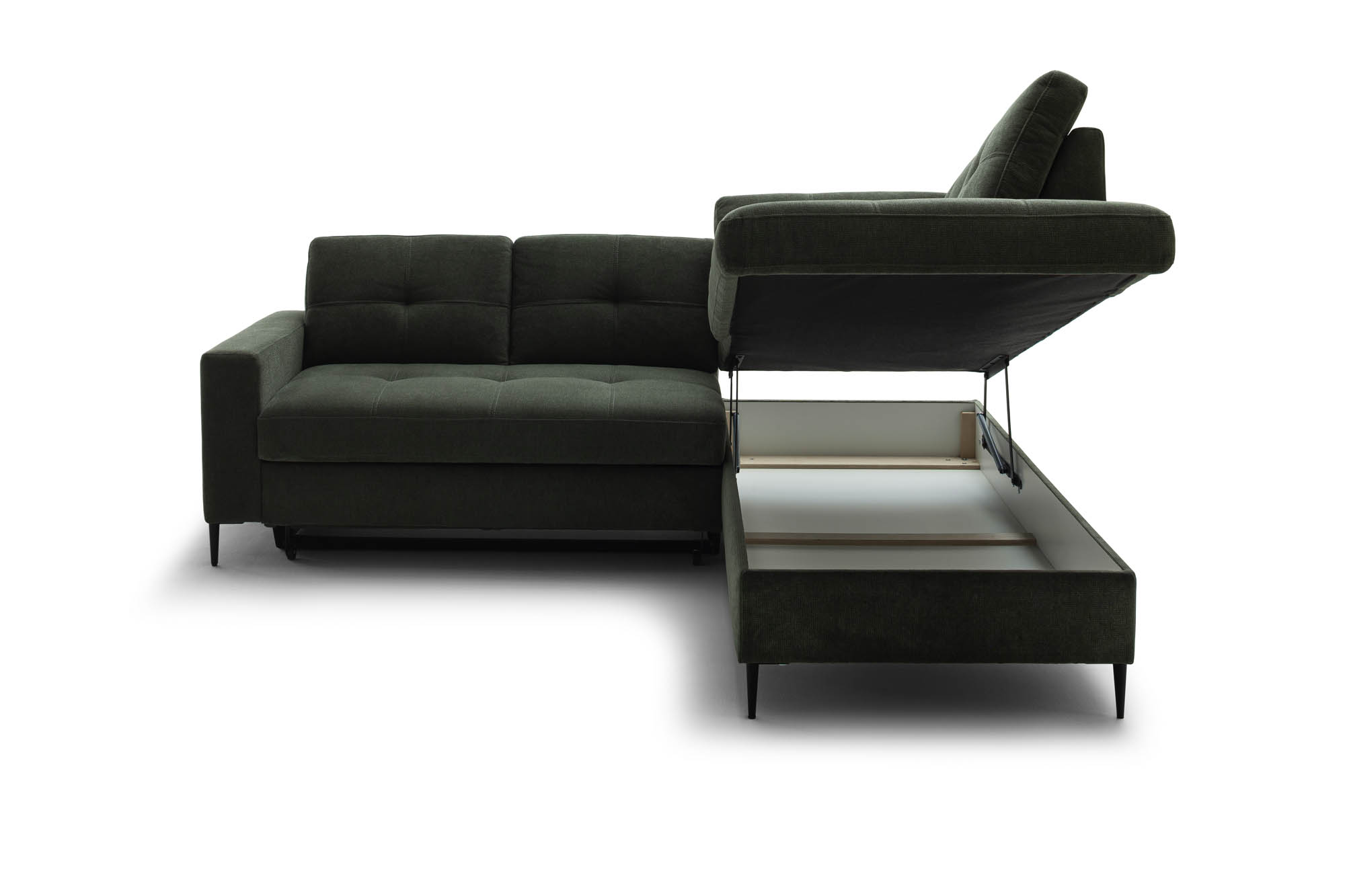 Wohnlandschaft Dunkelgrün Ottomane rechts inkl. Staukasten - 2-Sitzer Armlehne links inkl. Schlaffunktion (Echtbezug) -  Wayne