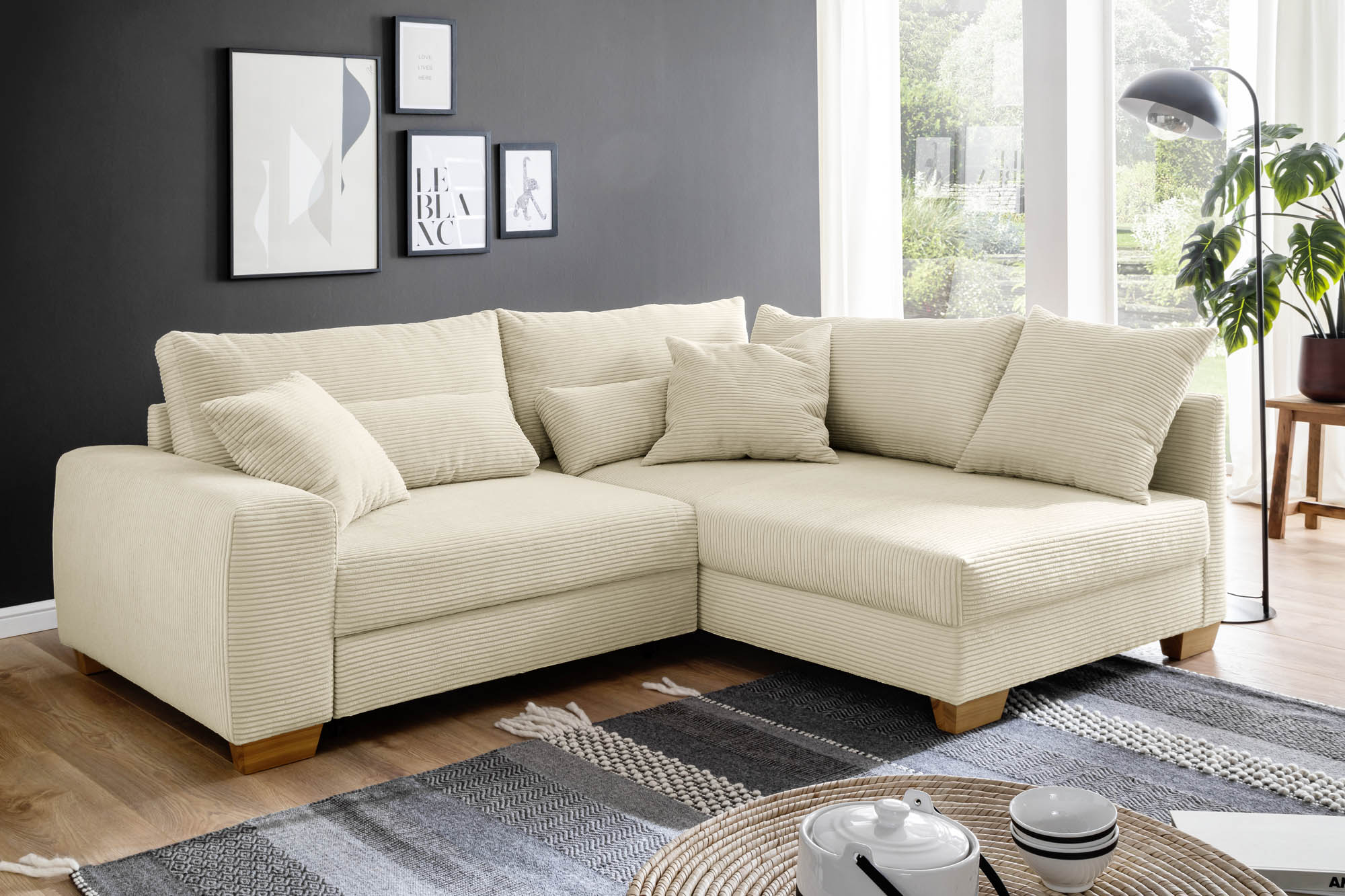 Wohnlandschaft Cord Natur - Komfort-Sitzhöhe, Hochschläfer-Bettauszug - inklusive Kissen -  Fortuna NovaSpring