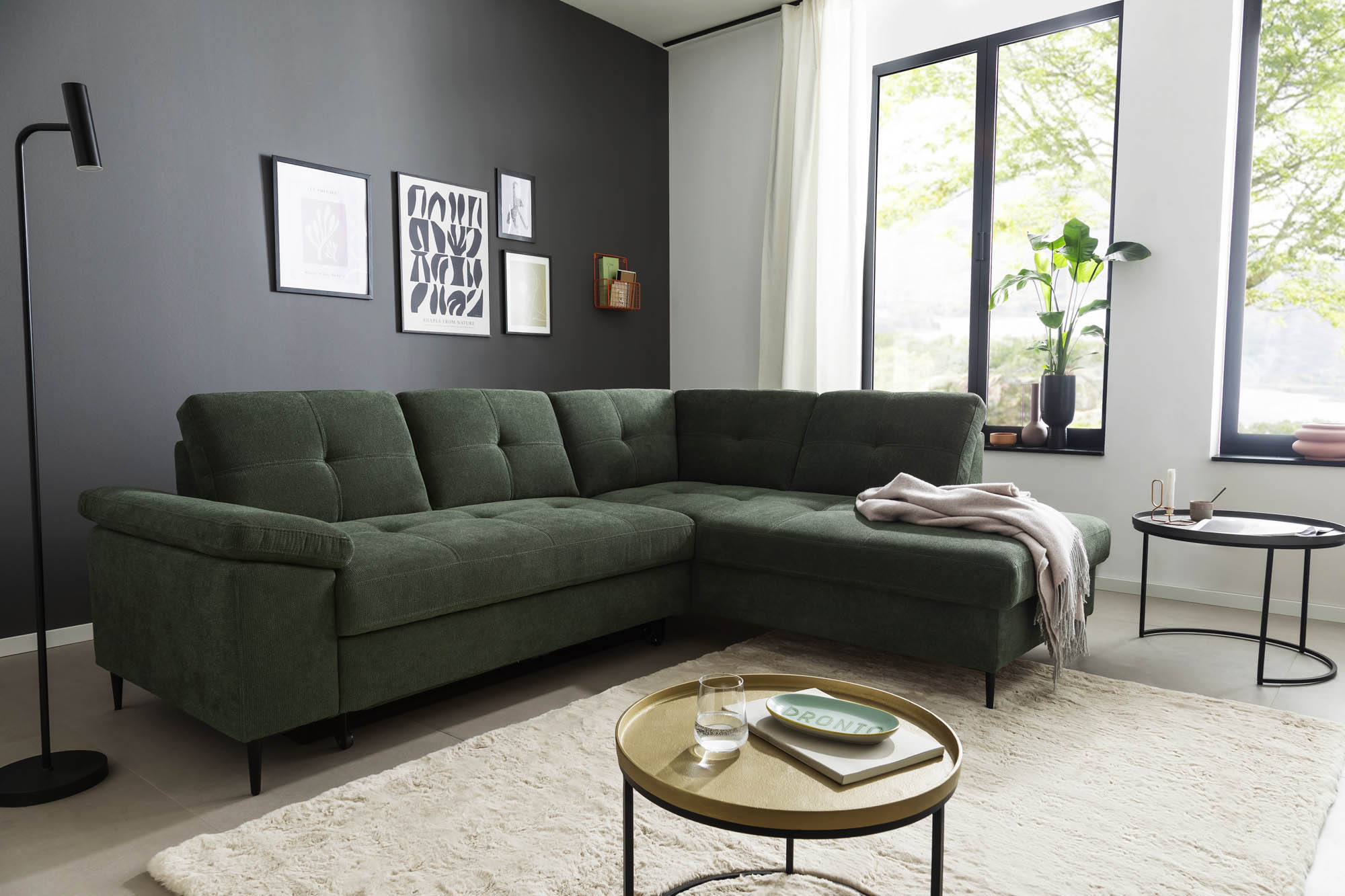 Wohnlandschaft Dunkelgrün Ottomane rechts inkl. Staukasten - 2-Sitzer Armlehne links inkl. Schlaffunktion (Echtbezug) -  Wayne