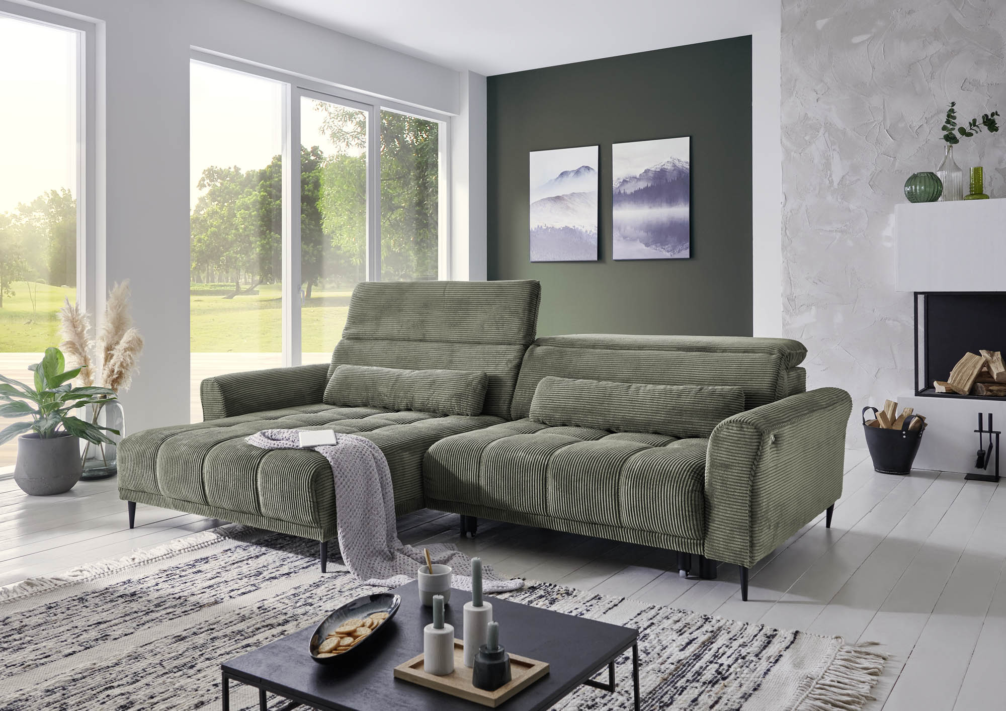 Wohnlandschaft Cord Grün - inkl. elektrischer XXL-Sitztiefenverstellung und 2 Kopfteilverstellungen  -  Wolve