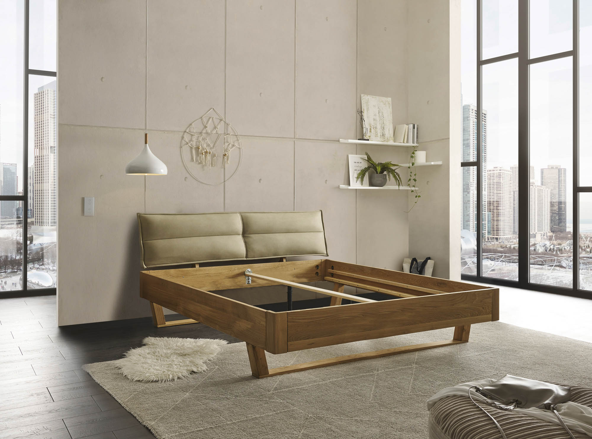 Bett Lederoptik beige ca. 180 x 200 cm Eiche massiv - Tjark
